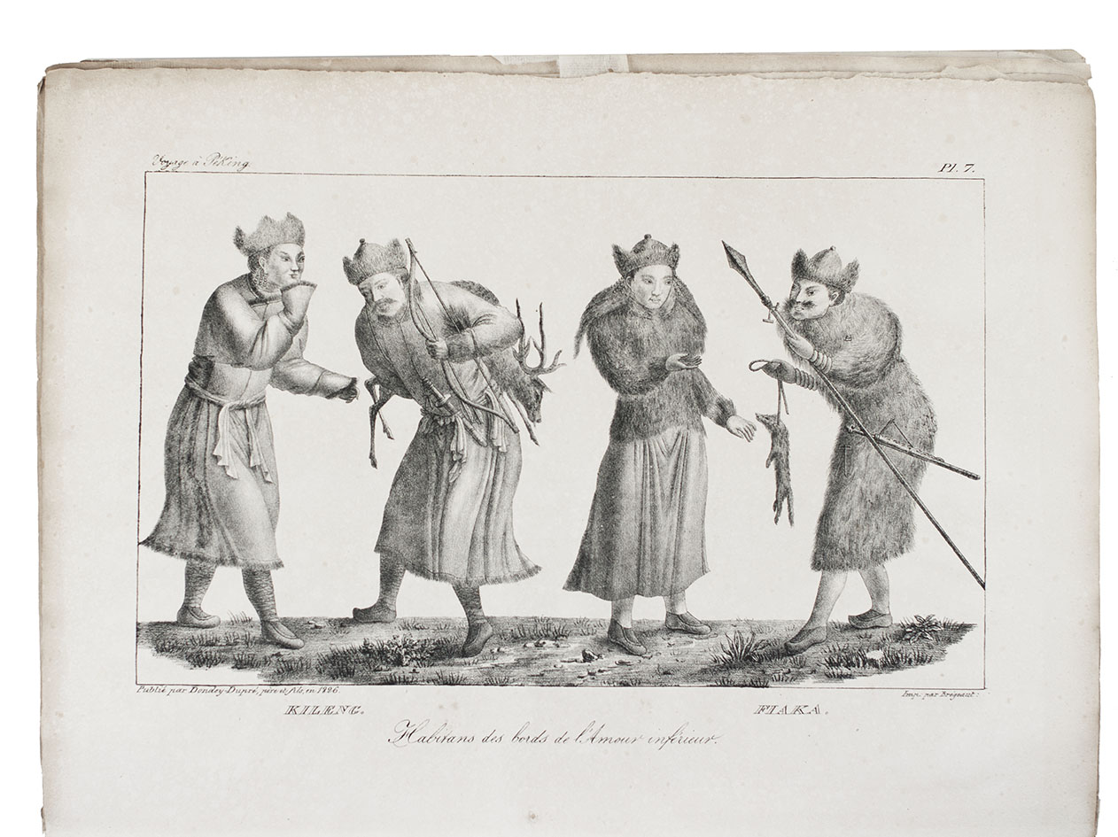 TIMKOWSKI, Egor Fedorovitch. - Voyage  Peking,  travers la Mongolie en 1820 et 1821. Paris, Dondey-Dupr pre et Fils, 1827. 2 text volumes (8vo) and one atlas volume (folio). With lithographed title-page, 3 lithographed maps and plans, 8 lithographed plates with copies after Chinese and other drawings. Text volumes in contemporary half calf and atlas in original brown wrappers.