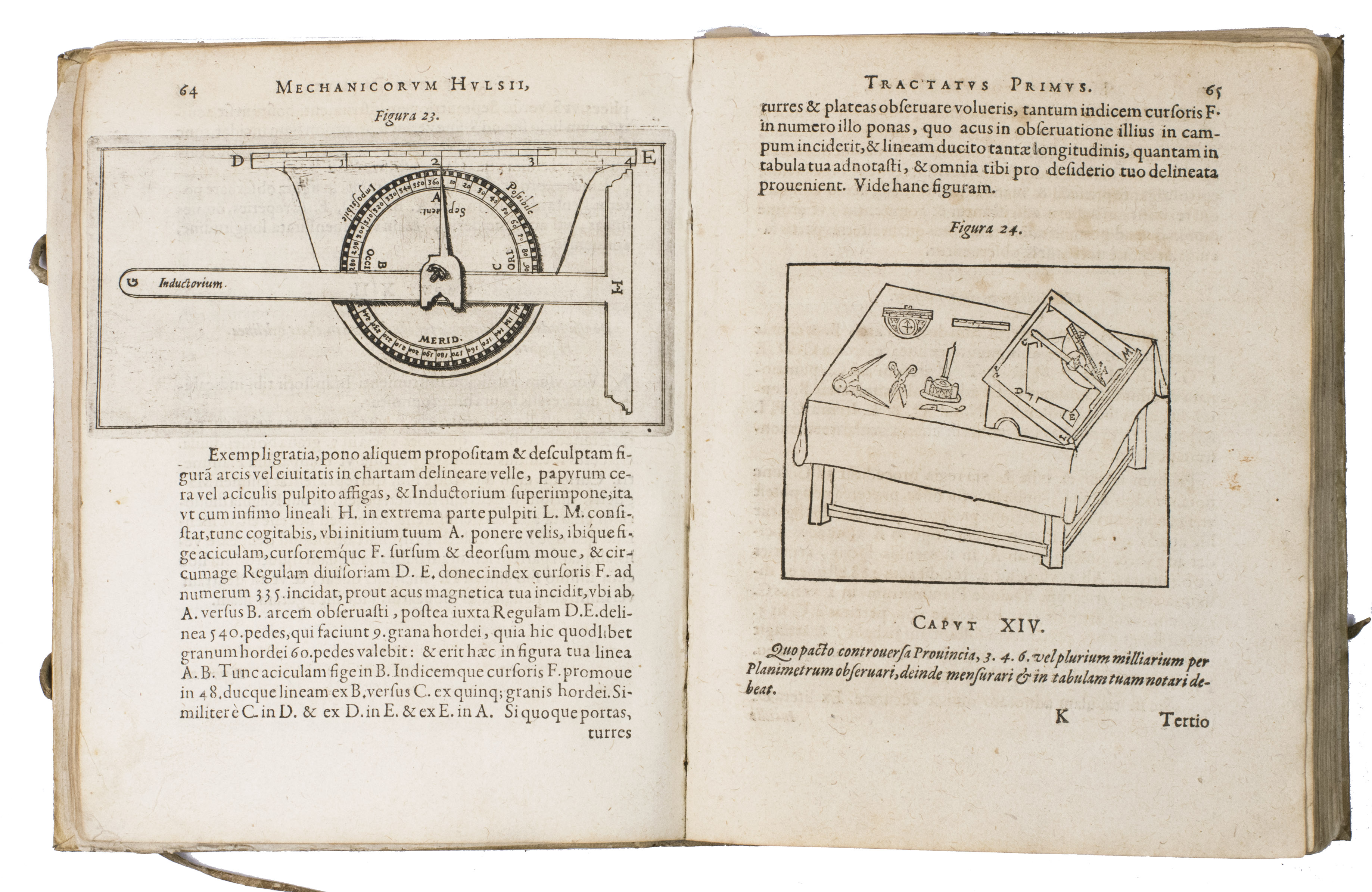 HULSIUS, Levinus. - Tractatus primus instrumentorum mechanicorum ...Frankfurt am Main, Wolfgang Richter for the author, 1605. With:(2) IDEM. Tractatus secundus. Instrumentorum mechanicorum. Quo dilucide exponitur usus baculi...Frankfurt am Main, Wolfgang Richter for the author, 1605.(3) IDEM. Tractatus tertius. Instrumentorum mechanicorum. Quo traditur descriptio atque usus circine proportionalis Iusti Burgi ...Frankfurt am Main, Wolfgang Richter for the author, 1605.3 works in 1 volume. Small 4to. Ad 1: with a large engraving on the title-page, 14 engraved plates (including 2 folding), 40 numbered  illustrations in the text (35 woodcuts and 5 engravings). Further with 2 woodcut decorated initials, 2 woodcut head-pieces, and 1 large woodcut tail-piece. Ad 2: with a large engraving on the title-page, 8 illustrations in text (7 woodcuts and 1 engraving). Further with 1 woodcut decorated initial and 1 woodcut head-piece. Ad 3: with a large engraving on the title-page. Further with 2 woodcut decorated initials and 2 woodcut head-pieces. Contemporary limp vellum with 2 sets of leather closing ties.