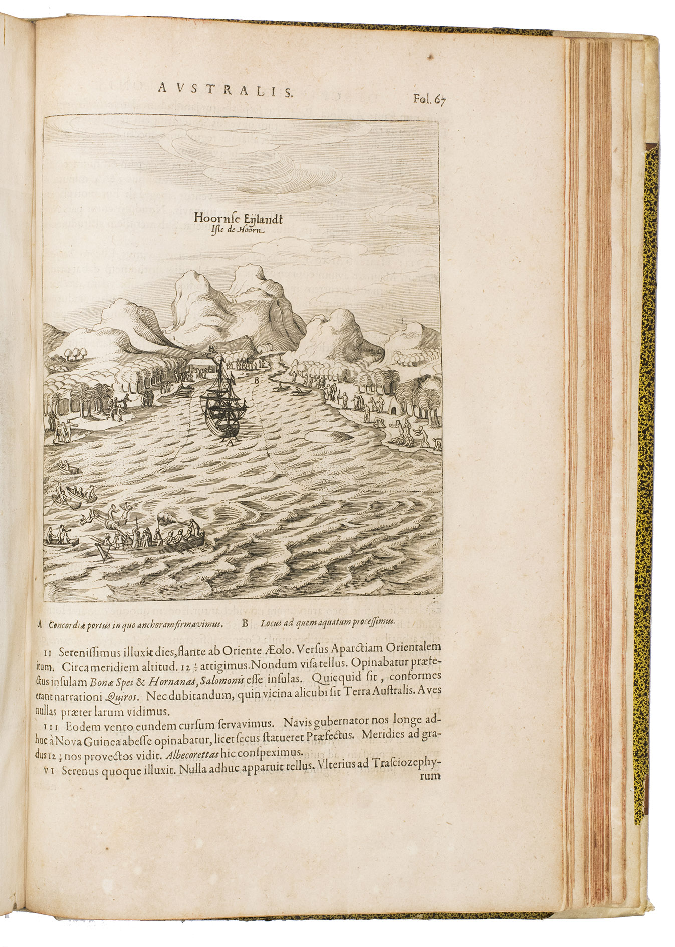 HERRERA Y TORDESILLAS, Antonio de. - Novis orbis, sive descriptio Indiae Occidentalis ... Methaphraste C. Barlaeo. Accesserunt & aliorum Indiae Occidentalis descriptiones, & navigationis nuperae Australis Jacobi le Maire Historia, uti & navigationum omnium per Fretum Magellanicum succincta narratio.Amsterdam, Michiel Colijn, 1622. Folio. With an engraved title, 17 engraved maps (1 folding, 16 double-page), a full-page portrait, and 4 half-page illustrations in the text. Later three-quarter vellum, with the manuscript title on the spine, sprinkled paper sides, red edges.