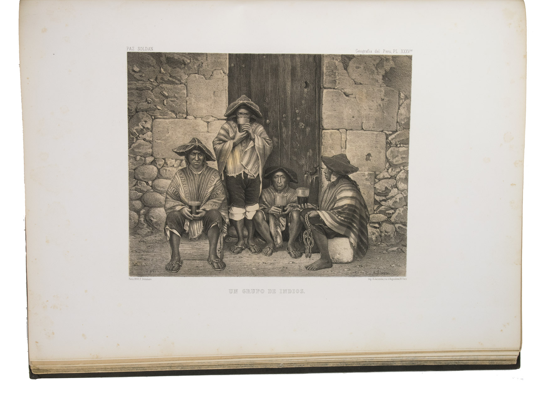 PAZ SOLDAN, Mariano Felipe. - Atlas geografico del Peru.Paris, Firmin Didot brothers, children and comp., 1865. Large folio (51.5 x 37.5 cm). With 50 engraved maps, plans and views (including 20 coloured) and 24 tinted lithographs by F. Delamare. Contemporary black half sheepskin, rebacked.