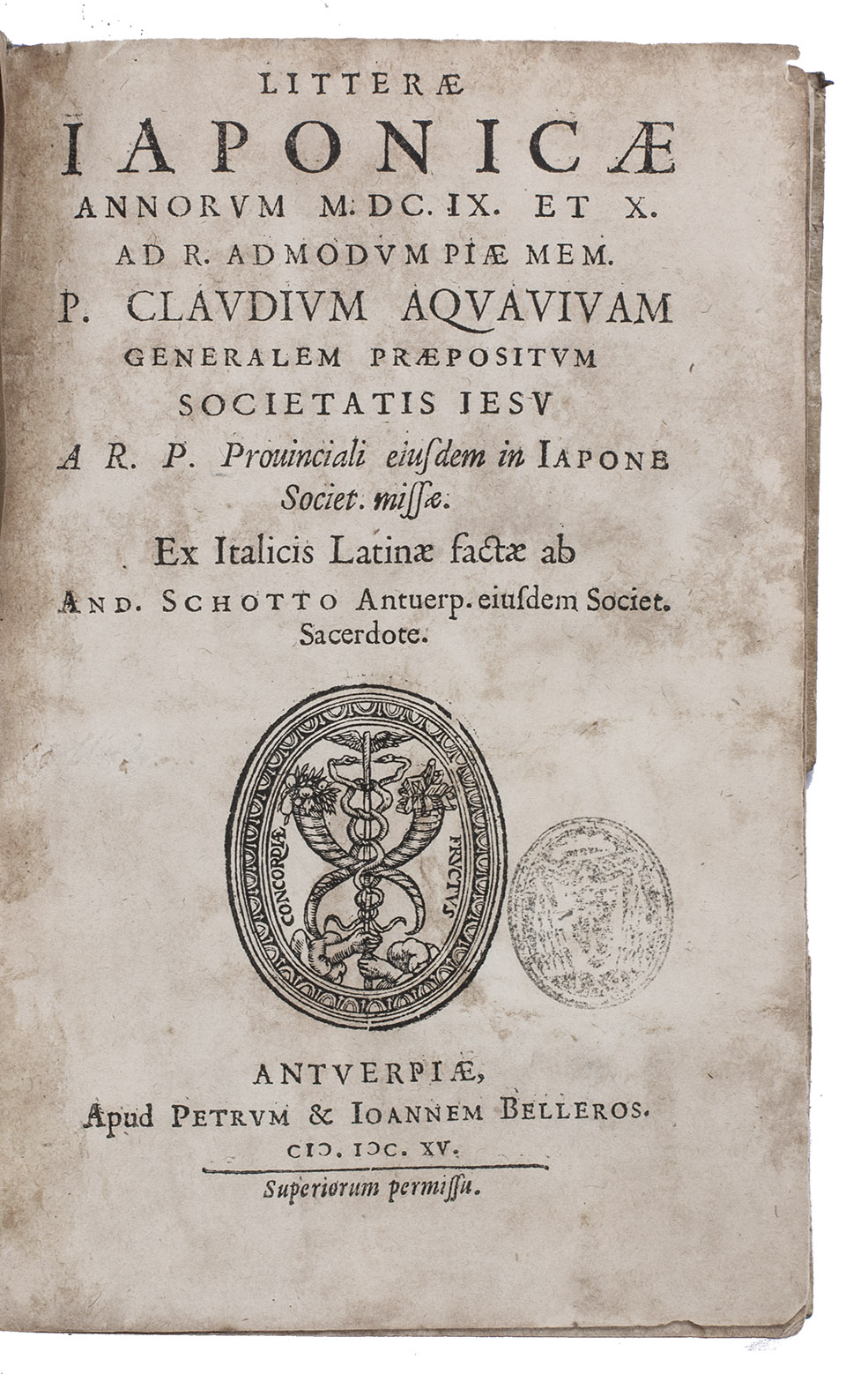 [RODRIGUEZ GIRAM, Joao]. - Litterae iaponicae annorum M.DC.IX et X. ad R. admodum piae mem. P. Claudium Aquavivam generalem praepositum Societatis Iesu A.R.P. Provinciali eiusdem in Iapone Societ. missae.Antwerp, P. & J. Bellerus, 1615. 8vo. Woodcut printer's device on title, woodcut initials. Contemp. limp vellum, title in ink on spine with traces of colouring, remnants of ties.