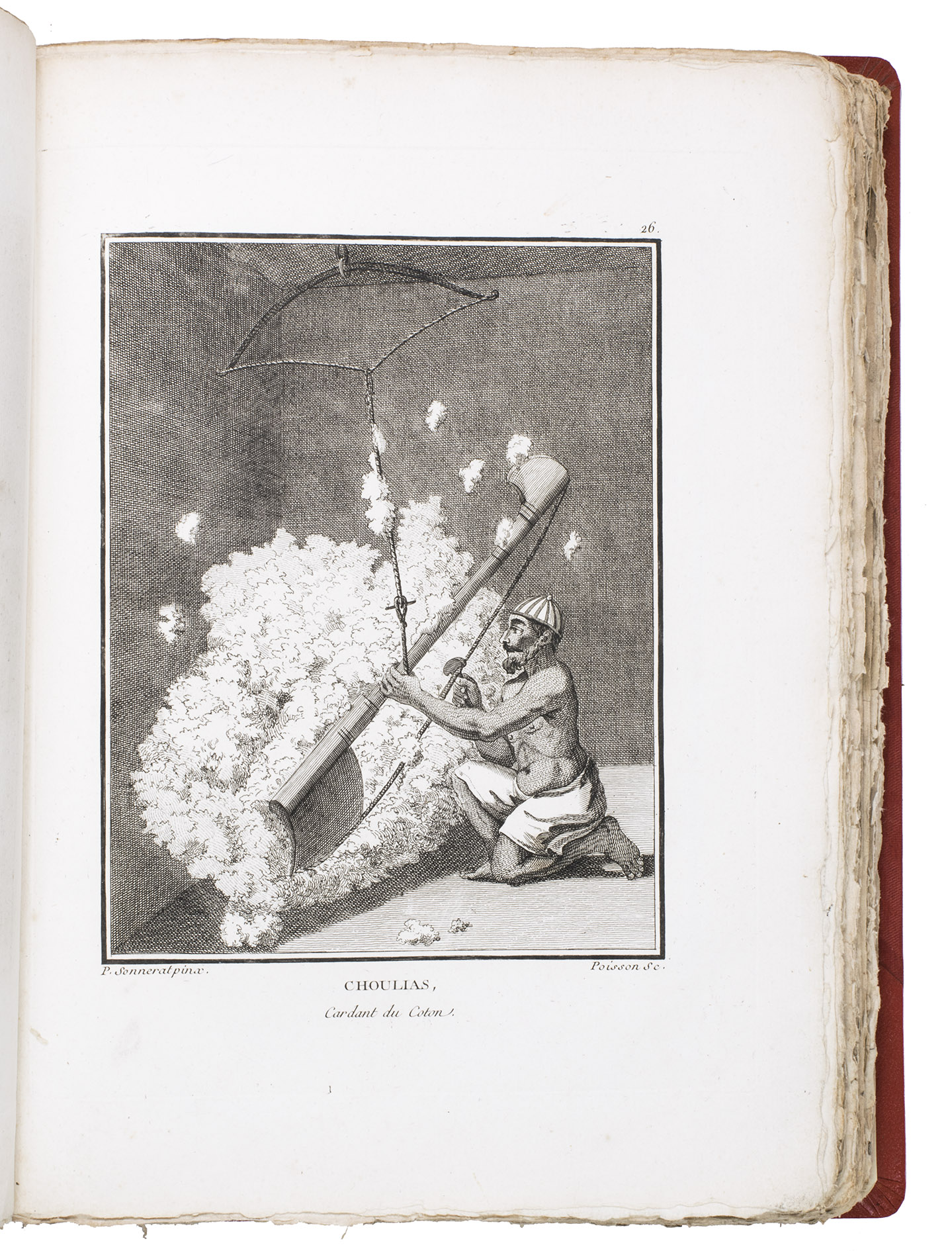 SONNERAT, Pierre. - Voyage aux Indes Orientales et à la Chine, fait par ordre de Louis XVI, depuis 1774 jusqu'en 1781; dans lequel on traite des moers, de la religion, des sciences et des arts des Indiens, des Chinois, des Pégouins et des Madégasses; suivi d'observations sur le Cap de Bonne-Espérance, les îles de France et de Bourbon, les Maldives, Ceylan, Malacca, les Philippines et les Moluques, et de rechereches sur l'histoire naturelle de ces pays, etc, etc. … Nouvelle édition.Paris, Dentu, 1806. 4 text volumes (8vo) and 1 atlas (4to). With 140 numbered engraved plates: a double-page plan of the city of Pondichéry, India, 19 double- and 120 single-page views and plates. Contemporary red half sheepskin (text) and modern red half cloth (atlas).