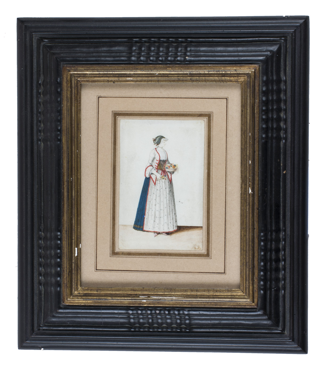 [COSTUMES]. HECKEL, Catharina SPERLING. - [Four young ladies in fancy gowns].[Augsburg, ca. 1725?]. Four drawings in brown ink, watercolour and coloured gouaches on vellum, highlighted with gold (each 5.9 x 9.0 cm). Each mounted in a later passe-partout with a gold border, in an ebonized wooden frame (23.5 x 20.5 cm).