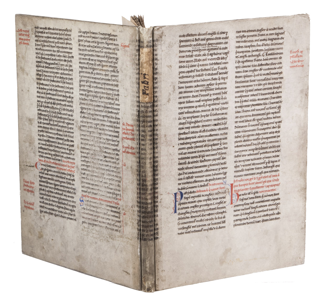 [INCUNABLE - GERMANY]. - [12 leaves from: Statuta synodalia herbipolensia].[Wrzburg, Georg Reyser, ca. 1486]. Folio. Printed in red and black in rotunda type (32 lines; printed area: 18 x 12 cm; type: 112a). With illustrations cut from 19th- or 20th-century reproductions of early woodcuts (ca. 21 x 14 cm) pasted on the front (Annunciation) and back pastedown (Christophorus, with the year 