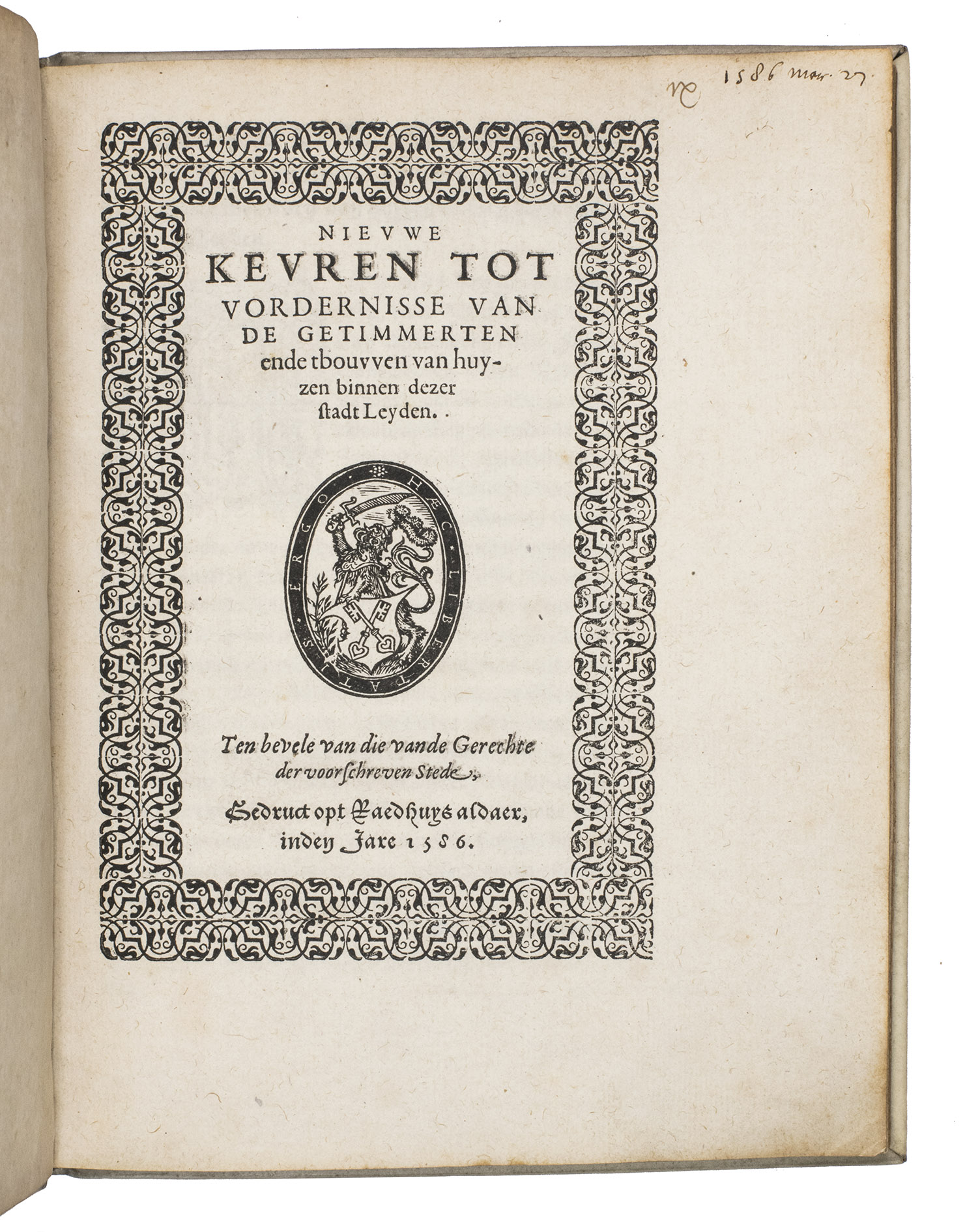 [RAADHUISPERS - JAN VAN HOUT (publisher)]. - Nieuwe keuren tot vordernisse van de getimmerten ende tbouwen van huyzen binnen dezer stadt Leyden. Ten bevele van die vande Gerechte der voorschreven stede.Leiden, gedruct opt raedhuys aldaer [= Jan van Hout], 1586. 4 works in 1 volume. 4to. The title of ad 1 is set within an ornamental border built up from typographical ornaments, with a woodcut printer's device, a large woodcut with the coat of arms of Leiden on the final leaf of ad 1, and 24 decorative woodcut initials. With: (2) [IDEM]. Keuren opt ampt vande craemverzorchsters, inne-nemen vande craemvrouwen, tampt vande aelmoeseniers, generale verdeelinge, ende misbruyc der aelmissen.Leiden, Raadhuispers [Jan van Hout], 1586.(3) [IDEM]. Provisionele ordonnantie gemaect by Schout ende schepenen dezer stade, op tbrouwen vande zware bieren (including the Aenhang vande burgelicke keuren).Leiden, Raadhuispers [Jan van Hout], 1587.(4) [IDEM]. Ordonnantie gemaect by die van de Gerechte deze stadt Leyden ten dagen hier naer genomt, opt wijden vande wateren ende grachten, daer naer hem elc eenen van nu voorts-aen zal hebben te gedragen int maken, versteken, ende vernieuwen van haer platingen. Leiden, Raadhuispers [Jan van Hout], 1588.18th-century vellum over boards, sewn on 4 supports laced through the joints.