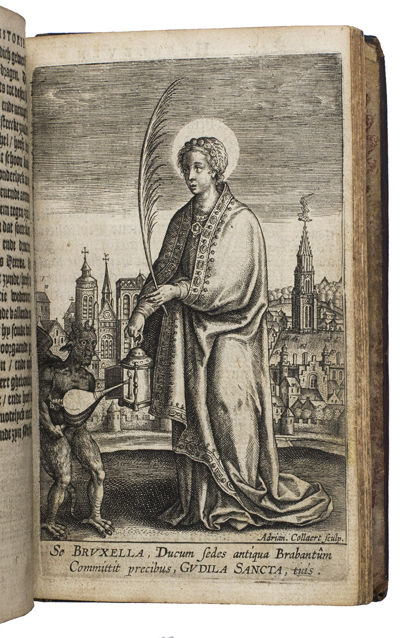 YDENS, Steven. - Historie van het H. Sacrament der mirakelen. Berustende tot Bruessel inde collegiale kercke van S. Goedele. Beschreven door M. Steven Ydens Brusselaer, priester, licent. inde H. Godtheyt, ende canonick vande voorseyde kercke.Brussels, Rutger Velpius, 1608. Small 8vo. With an engraved vignette on the title-page and 17 engravings on the integral leaves (most nearly full-page religious scenes: ca. 9.5 x 6.5 cm, but 1 showing the obverse and reverse of a gold medallion is smaller) by Adriaen Collaert; woodcut pictorial initials; and headpieces built up from typographic ornaments. Later calf (ca. 1700?).