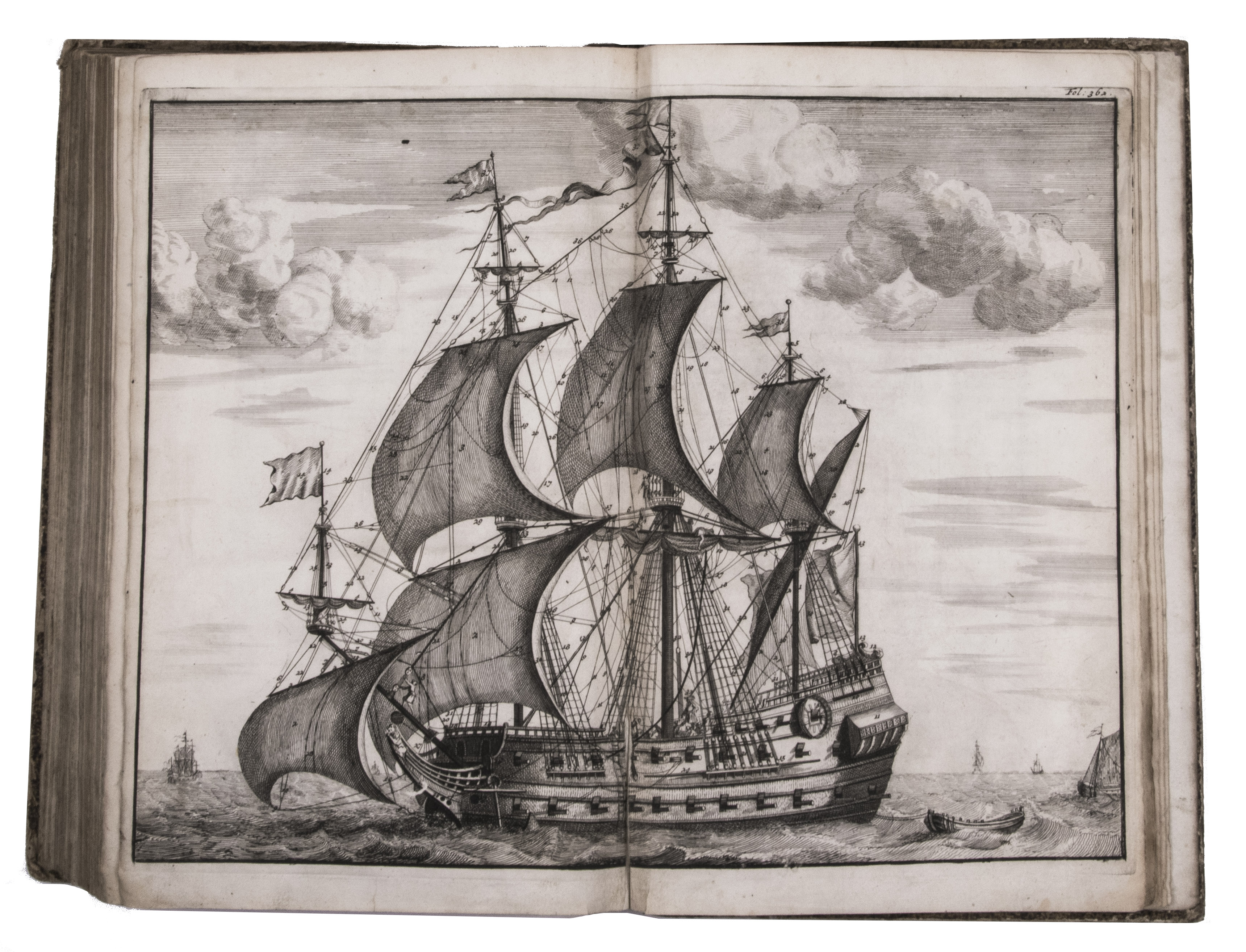 YK, Cornelis van. - De Nederlandsche scheepsbouw-konst open gestelt. Vertoonende naar wat regel ... in Nederland meest alle scheepen werden gebouwd. Delft, Andries Voorstad, for Jan ten Hoorn, Amsterdam, 1697. Folio. With engraved frontispiece, with two views of ship-building yards, and numerous detailed illustrations of ship-building on 22 engraved plates by and after Jan and Caspar Luyken (including 13 double-page and once 2 plates on 1 page). 18th-century half calf.