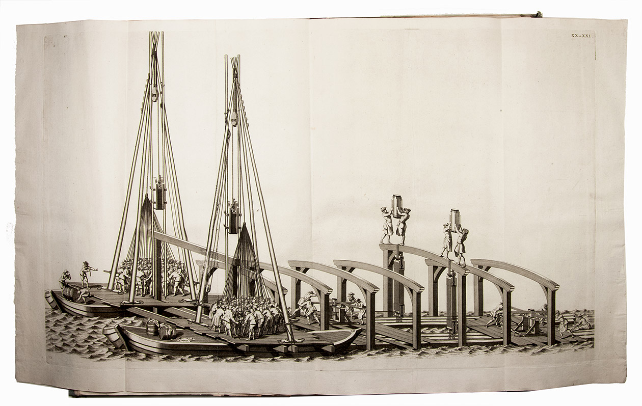 HORST, Tileman van der and Jacob POLLEY. - Theatrum machinarum universale; of keurige verzameling van verscheide grote en zeer fraaie waterwerken, schutsluizen, waterkeringen, ophaal- en draaibruggen. Amsterdam, Petrus Schenk [II] & son (vol. II: Petrus Schenk [III]), 1757-1774. Imperial folio (50 x 34 cm). With a double-page engraved dedication plate and 41 double-page and 7 larger folding engraved illustration plates. Red half sheepskin (ca. 1800).