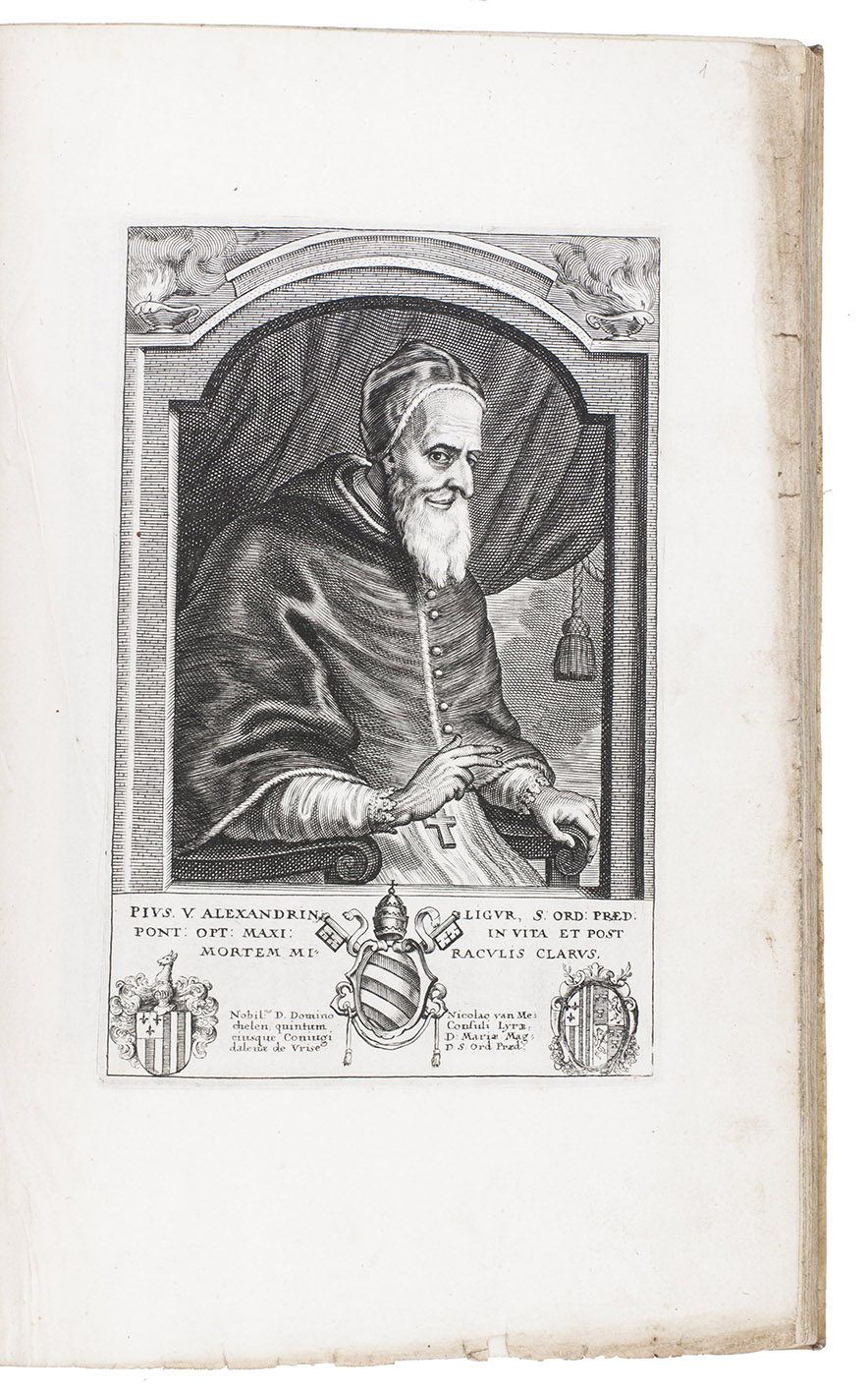 JODE, Pieter de. - Theatrum principum. [Antwerp, ca. 1644/1650]. Small folio (28 x 18.5 cm). With an engraved allegorical title-page by Pieter de Jode after Erasmus Quellinus; 91 portraits (plus 1 repeat) of popes, emperors, kings, noblemen and their spouses, 89 signed by Pieter de Jode and 2 unsigned. They were engraved after Aegidius Rucholle, Titiaan, Anthony van Dyck, Pieter van Mol, Otto Vaenius, Rubens, Cornelis Galle, Cornelis de Vos, Gaspar de Crayer, Coenraerd Waumans, Charles Woutier, Franciscus Nys and T. Willebroorts Bossaerts. Contemporary vellum.