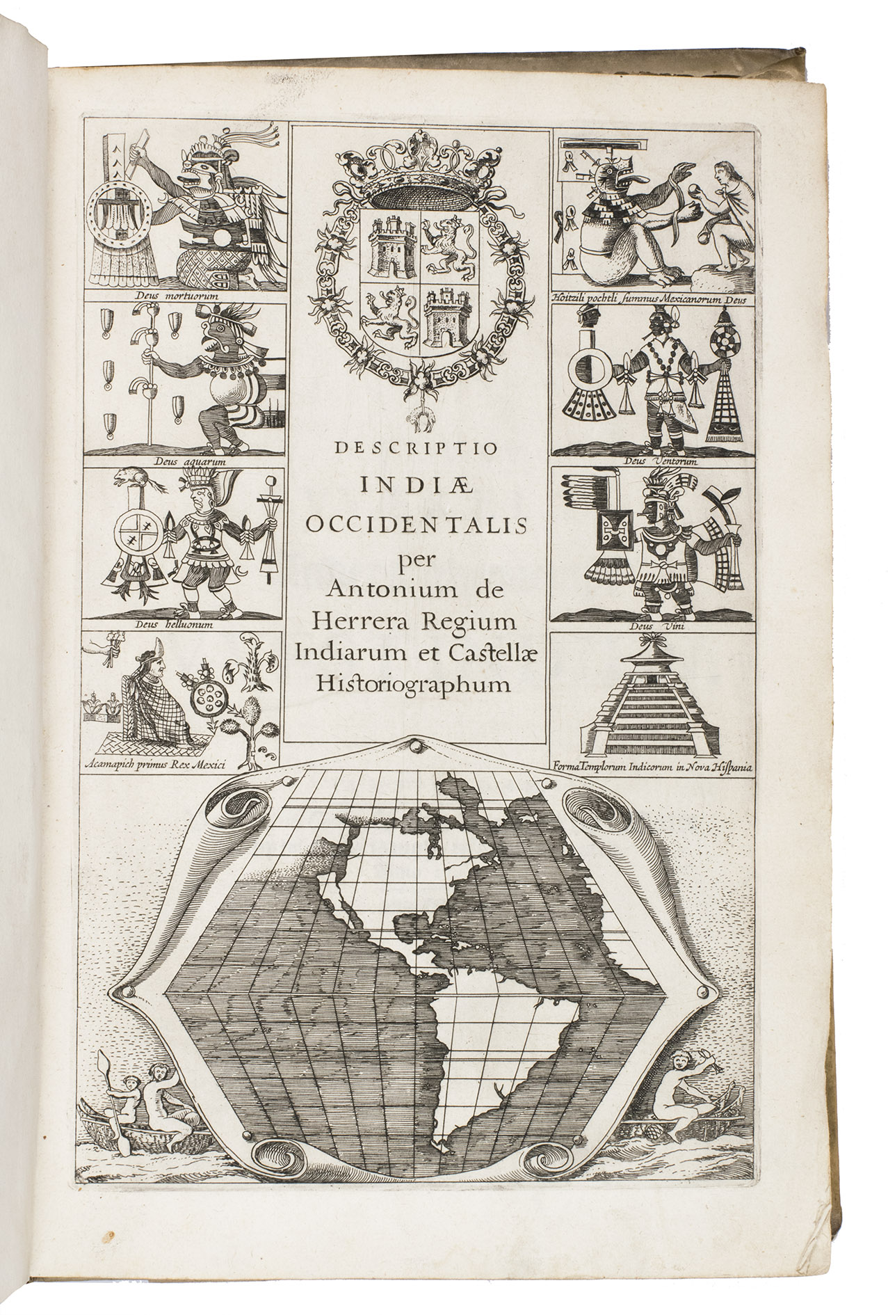 HERRERA Y TORDESILLAS, Antonio de. - Descriptio Indiae Occidentalis. Nieuwe werelt, anders ghenaempt West-Indien.Amsterdam, Michiel Colijn, 1622.With: (2) ORDONNEZ DE CEVALLES, Pedro. Eyghentlijcke beschryvinghe van West-Indien, hoe die landen en provintien gheleghen zijn op wat maniere dat men die door reysen sal: ende wat rijckdommen van gout en silver elcke plaetse begrijpt. Amsterdam, Michiel Colijn, 1621.(3) [LE MAIRE, Jacques]. Spieghel der Australische navigatie door den wijt vermaerden ende cloeckmoedighen zee-heldt Jacob Le Maire, president ende overste over de twee schepen, d' Eendracht ende Hoorn, uytghevaren den 14 Junii 1615. Amsterdam, Michiel Colijn, 1622.3 works in 1 volume. Small folio. With an engraved title, 17 engraved folding maps, an engraved portrait, 5 engraved plates in text, and woodcut head- and tailpieces. Contemporary vellum, with the manuscript title on the spine.
