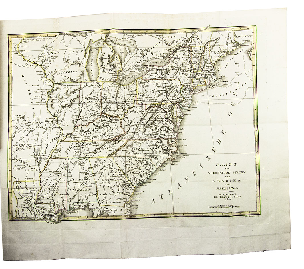 PALMER, John. - Dagverhaal eener reize in de Vereenigde Staten van Noord-America, en Neder-Canada, gedaan in 1817. Uit het Engelsch, met eene inleiding, bevattende een statistisch overzigt der Vereenigde Staten van Noord-America, volgens de beste en nieuwste berigten. Met eene nieuwe kaart.Haarlem, heirs of Franois Bohn, 1820. 8vo. With large folding map of America (34.5 x 44.5 cm), engraved by D. Veelwaard after John Melish, borders and outlines in contemporary hand-colouring. Contemporary half calf.