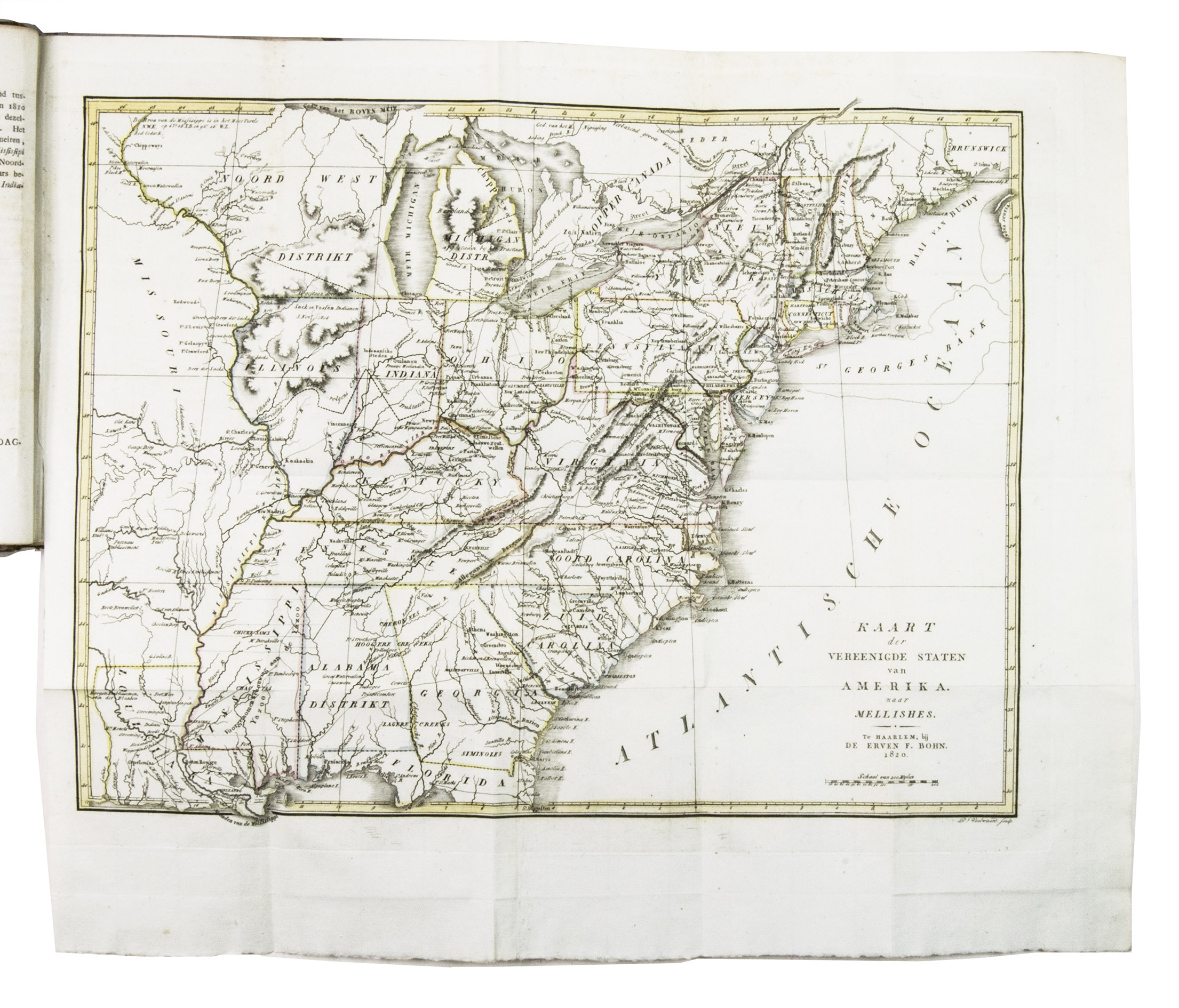 PALMER, John. - Dagverhaal eener reize in de Vereenigde Staten van Noord-America, en Neder-Canada, gedaan in 1817. Uit het Engelsch, met eene inleiding, bevattende een statistisch overzigt der Vereenigde Staten van Noord-America, volgens de beste en nieuwste berigten. Met eene nieuwe kaart.Haarlem, heirs of Franois Bohn, 1820. 8vo. With large folding map of America (34.5 x 44.5 cm), engraved by D. Veelwaard after John Melish, borders and outlines in contemporary hand-colouring. Contemporary half calf.