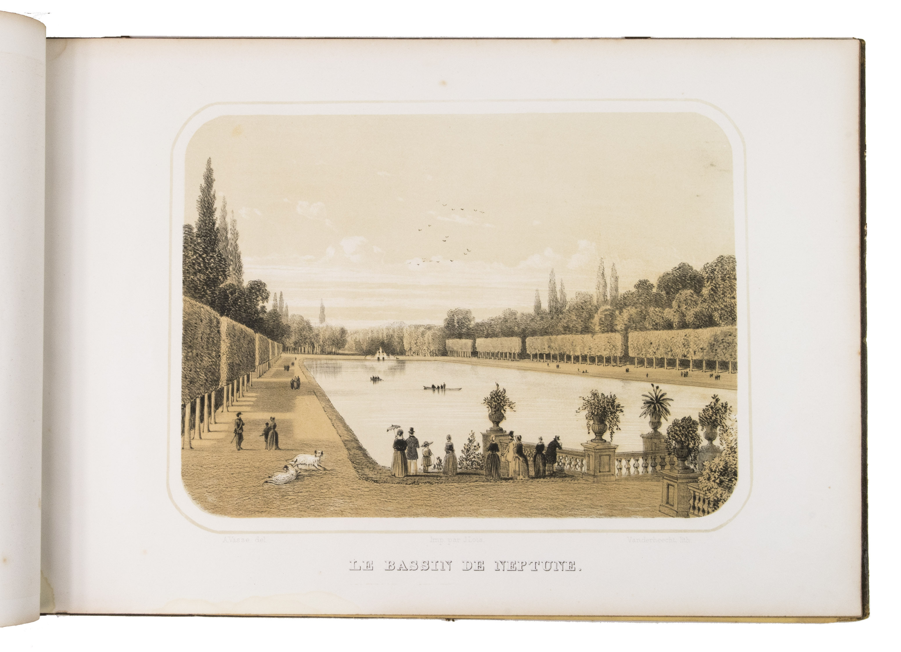VASSE, Jacques-Abraham-Antoine. - Souvenir de Beloeil, ddi  son Altesse Srnissime la Princesse de Ligne, ne Princesse Lubomirska.Brussels, Deltombe, 1853. Oblong 1mo (34 x 50.5 cm). With 12 double-tinted lithographed plates (each ca. 24 x 32 cm), by Van der Heecht, Gerlier and Gratry after drawings by Antoine Vasse (11) and Van der Heecht (1) and printed by J. Lots. Contemporary brown half sheepskin.