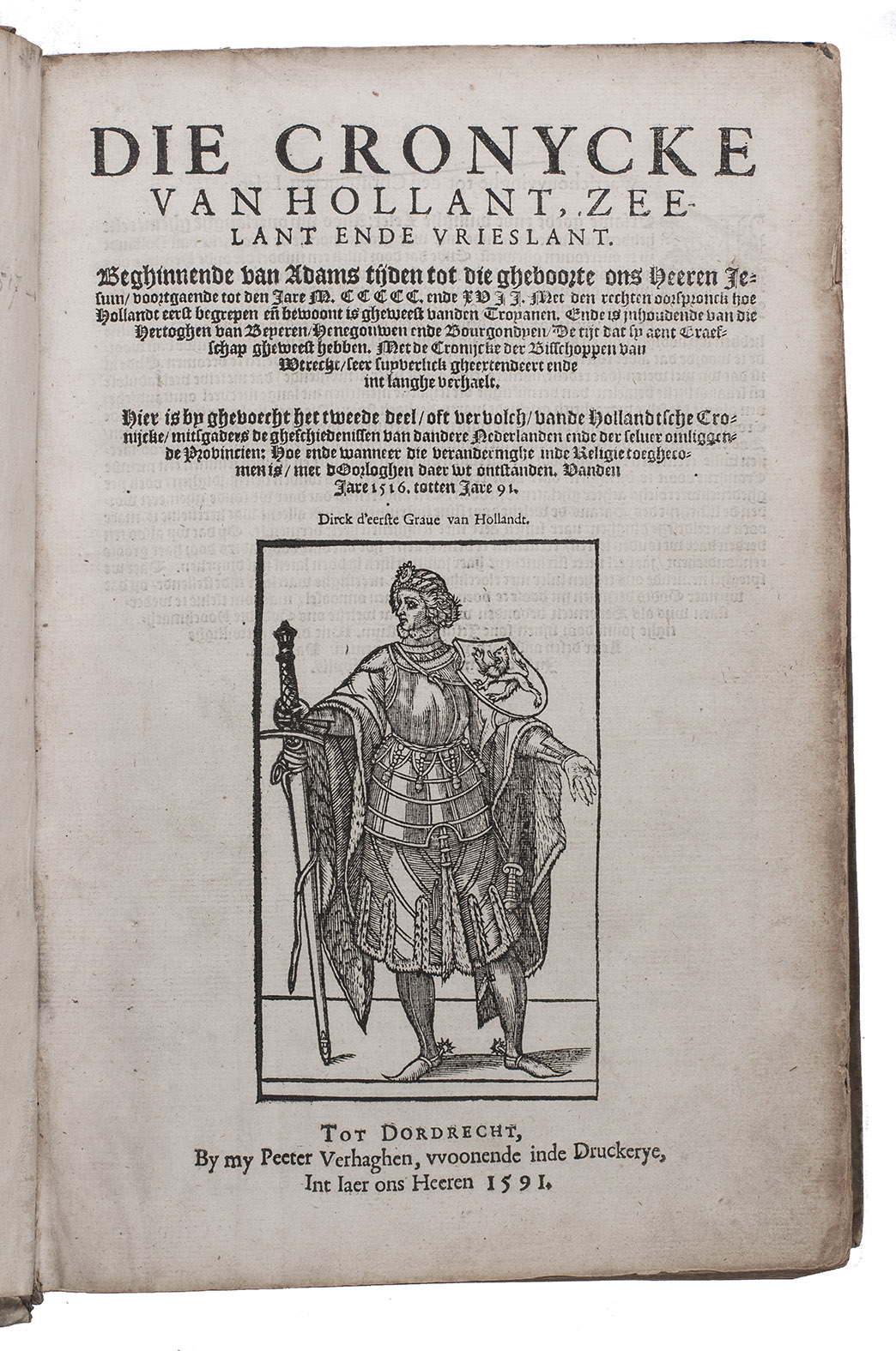 [AURELIUS, Cornelius and Ellert de VEER]. - Die cronycke van Hollant, Zeelant ende Vrieslant. Dordrecht, Peeter Verhaghen, 1591, 1591, 1590. 3 volumes bound as 1. Small folio (30.5 x 20.5 cm). With 3 title-pages, each with a different woodcut full-length portrait (the first count of Holland Dirck I, the Holy Roman Emperor Charles V and King Philip II of Spain), 1 double-page engraved map of Holland in part 2 (in its first state), and 36 woodcut portraits in text. Blind-tooled vellum (ca. 1740?).