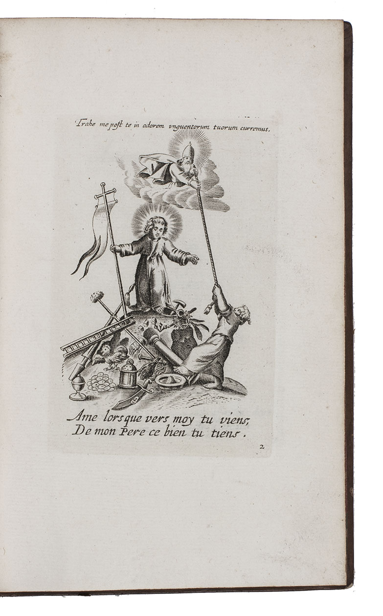 CAPUCIN, Pre. - Les emblmes d'amour divin et humain ensemble. Expliquez par des vers Franois. Par un pere Capucin.[Paris, ca. 1745]. 8vo. With an engraved title-page and 118 numbered full-page engraved emblems. Contemporary gold-tooled mottled calf, sewn on 4 recessed cords, the spine divided into 6 fields by fillets, the 2nd with a red morocco label and each of the others with a flower (closed thistle?) and several small stamps, each board with a frame of triple fillets with a second flower inside each corner and a star at each corner intersection, gold fillets on board edges, gilt edges, marbled endpapers (red, yellow, green, blue and white, curled).