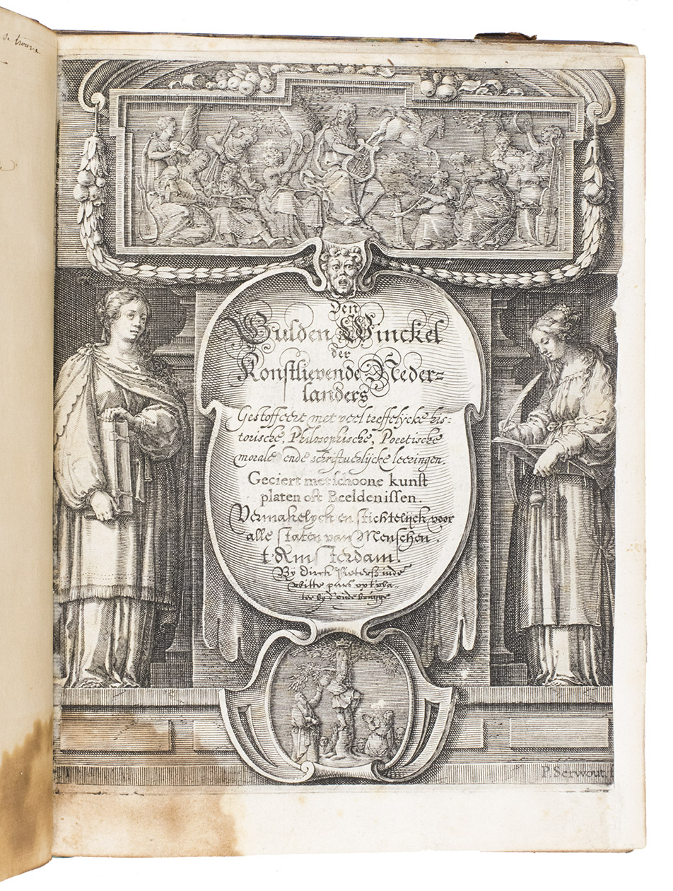 HAECHT GOIDTSENHOVEN, Laurens van. - Le microcosme contenant divers tableaux de la vie humaine representez en figures avec une brieve exposition en vers francois.Amsterdam, Theodore Pierre (= Dirck Pietersz.), [not before 1613]. 4to. With the engraved title-page of Joost van den Vondel's Der Gulden Winckel der konstlievende Nederlanders... (1613), with an engraved slip with the present title Le Microcosme contenant ... formerly mounted on it, now removed and kept separately; also with 74 engraved emblems in text (ca. 8.5 x 12 cm) by Gerard de Jode. 19th-century half calf, gold-tooled spine.