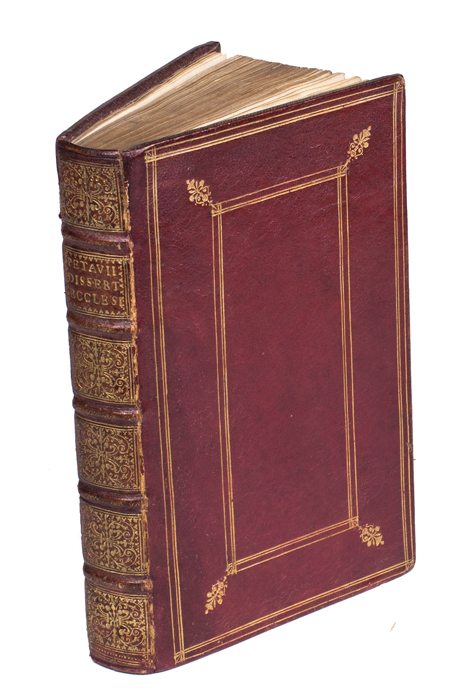 PTAU, Denis (Dionysius PETAVIUS). - Dissertationum ecclesiasticarum libri duo, in quibus de episcoporum dignitate, ac potestate; deque aliis ecclesiasticis dogmatibus disputatur.Paris, Sebastien Cramoisy, 1641. 8vo. With Cramoisy's engraved coupling storks device on the title-page. Gold-tooled red goatskin morocco (ca. 1700?), gilt edges.