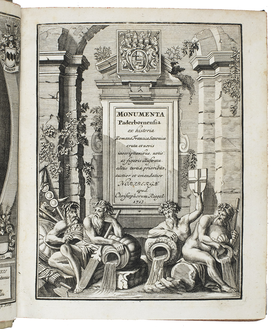 [FRSTENBERG, Ferdinand von]. - Monumenta Paderbornensia ex historia Romana, Francica, Saxonica eruta et novis inscriptionibus, figuris, tabulis geographicis & notis illustrata. ... Editio tertia ...Frankfurt, Leipzig, Christoph Riegel (printed by Johann Ernest Adelbulner [in Nrnberg]), 1713. 4to.  With engraved author's portrait, engraved title-page, letterpress title-page with an engraved device, 3 folding engraved maps, 2 folding engraved views, 26 further engraved plates and some small woodcut illustrations in text.Including (with a drop-title): [HORION, J. de]. Paneygyricus, die natali Academiae Theodorianae Paderbornensis.[Frankfurt, Leipzig, Christoph Riegel, 1713]. With an engraved author's portrait, an engraved title-page and one engraved plate. 4to. Contemporary vellum, red sprinkled edges.