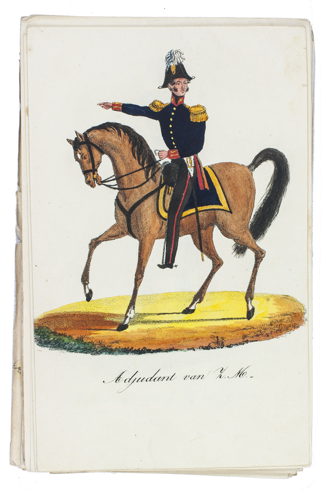 [MILITARY UNIFORMS]. - [De schutter- en jagerkorpsen. De legerkorpsen | Infanterie. De Oost- en West-Indische korpsen en marine | Kavallerie, artillerie, genie, etc.].[Utrecht, Johannes Paulus Houtman, 1831-1832]. 8vo (17.5 x 11.5 cm). 73 unnumbered lithographed prints plus 3 duplicates (leaf size 17 x 11 cm) with a brief caption in a round-hand script below each image, showing Dutch military personnel (including 1 woman) in their uniforms, the cavalry often shown on horseback and many others with flags, musical instruments, swords, firearms, backpacks, etc., coloured by a contemporary hand, probably for the publisher. Contemporary paperboard portfolio in a paperboard slipcase.