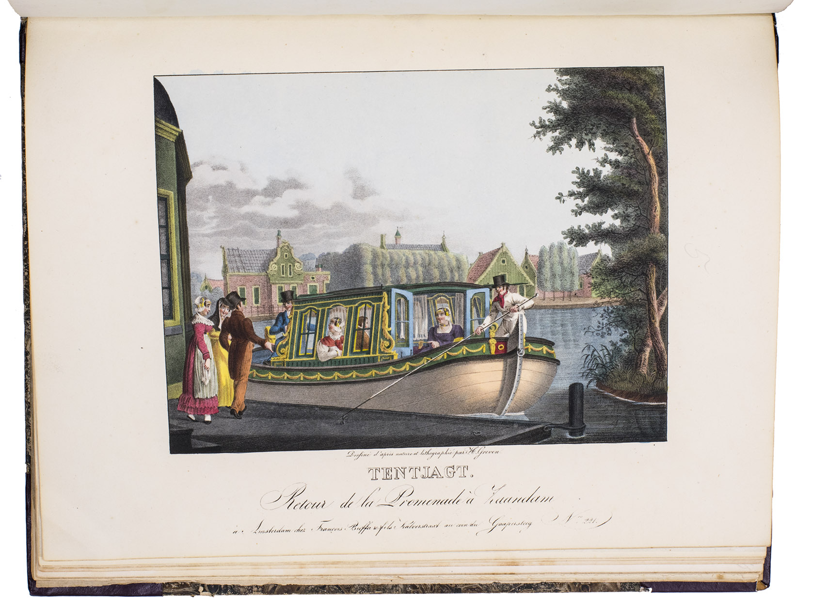 GREEVEN, Hendrik (artist) and Justin Vallou VALLON DE VILLENEUVE (lithographer). - Collection des costumes des provinces septentrionales du Royaume des Pays-Bas | Verzameling der kleederdragten in de nordelijke provincien van het Koningrijk der Nederlanden.Amsterdam, Frans Buffa and sons; Paris, Engelmann et cie. (printed by Thierry brothers). 1828[-1829]. With lithographed title-page, lithographed index and 20 numbered lithographed plates, all captioned in French and Dutch below and all richly and beautifully coloured by hand.With: (2) [GREEVEN, Hendrik, Luigi CALAMATTA and others]. Souvenirs de la Hollande.Amsterdam, Buffa brothers and co., 1838. With a hand-coloured engraving mounted on the title-page and 14 hand-coloured lithographed plates (7 of Dutch views and 7 of women's folk costumes). 2 works in 1 volume. Large 4to (32 x 24 cm). Contemporary boards with marbled sides.