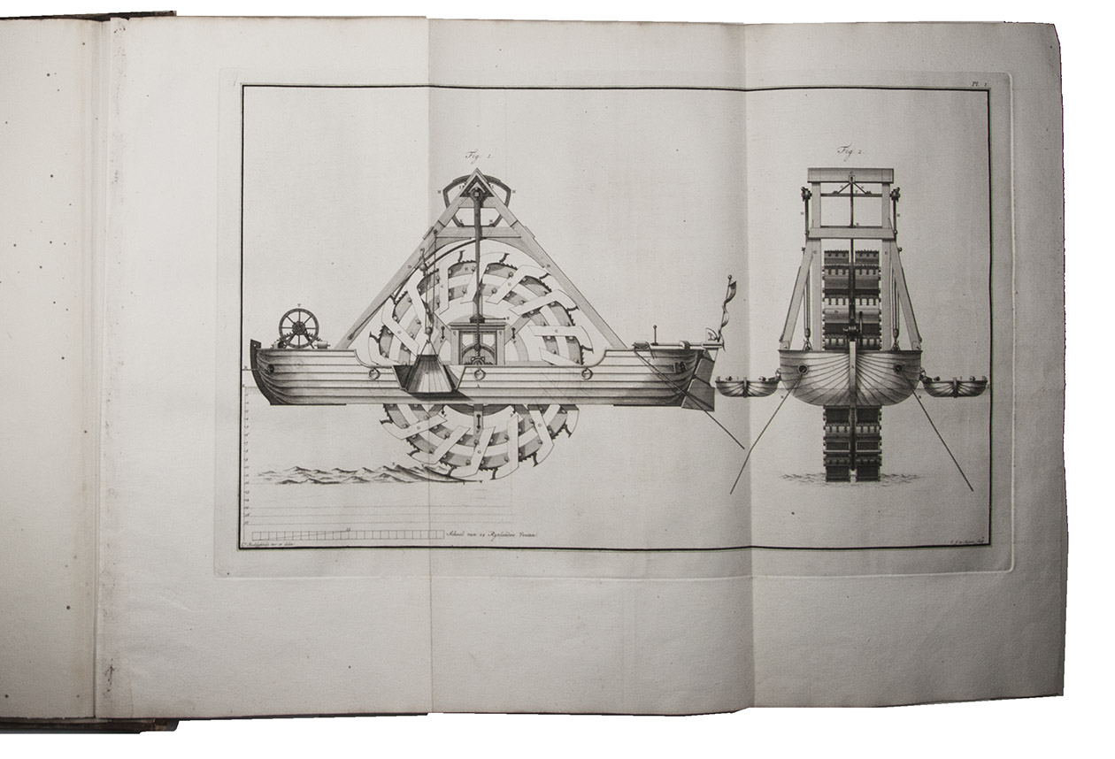 REDELYKHEID, Cornelis. - De nieuw uitgevonden sluis met in- en uitschuivende deuren. With: (2) REDELYKHEID, Cornelis. De nieuw uitgevonden diep-machine. The Hague, Hendrik Christoffel Gutteling; Amsterdam, Jacob Yntema & Jacob Tieboel; for the author, 1774. 2 works in 1 volume. Large folio (49.5 x 31 cm). Ad 1 with 6 large folding engraved plates and ad 2 with 3 large folding engraved plates. Contemporary half calf.