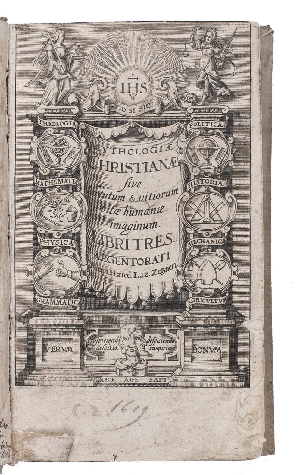 [ANDREAE, Johann Valentin]. - Mythologiae Christianae sive virtutum & vitiorum vitae humanae imaginum. Libri tres.Strasbourg, heirs of Lazarus Zetzner, [1619]. With: (2) [GESSEL, Timan van]. Synopsis locorum sacrae scripturae patrum, et recentiorum quorundam theologorum, quibus demonstratur, quaenam sint ad salutem creditu necessaria & sufficientia.Amsterdam, [Joan Blaeu?], 1650. 2 works in 1 volume. 12mo. Ad 1: with an engraved title-page, a small woodcut device on the two divisional title-pages and some woodcut initials. Ad 2: with the title-page printed in red and black, a woodcut headpiece and initial. Contemporary vellum with title in ink on spine.