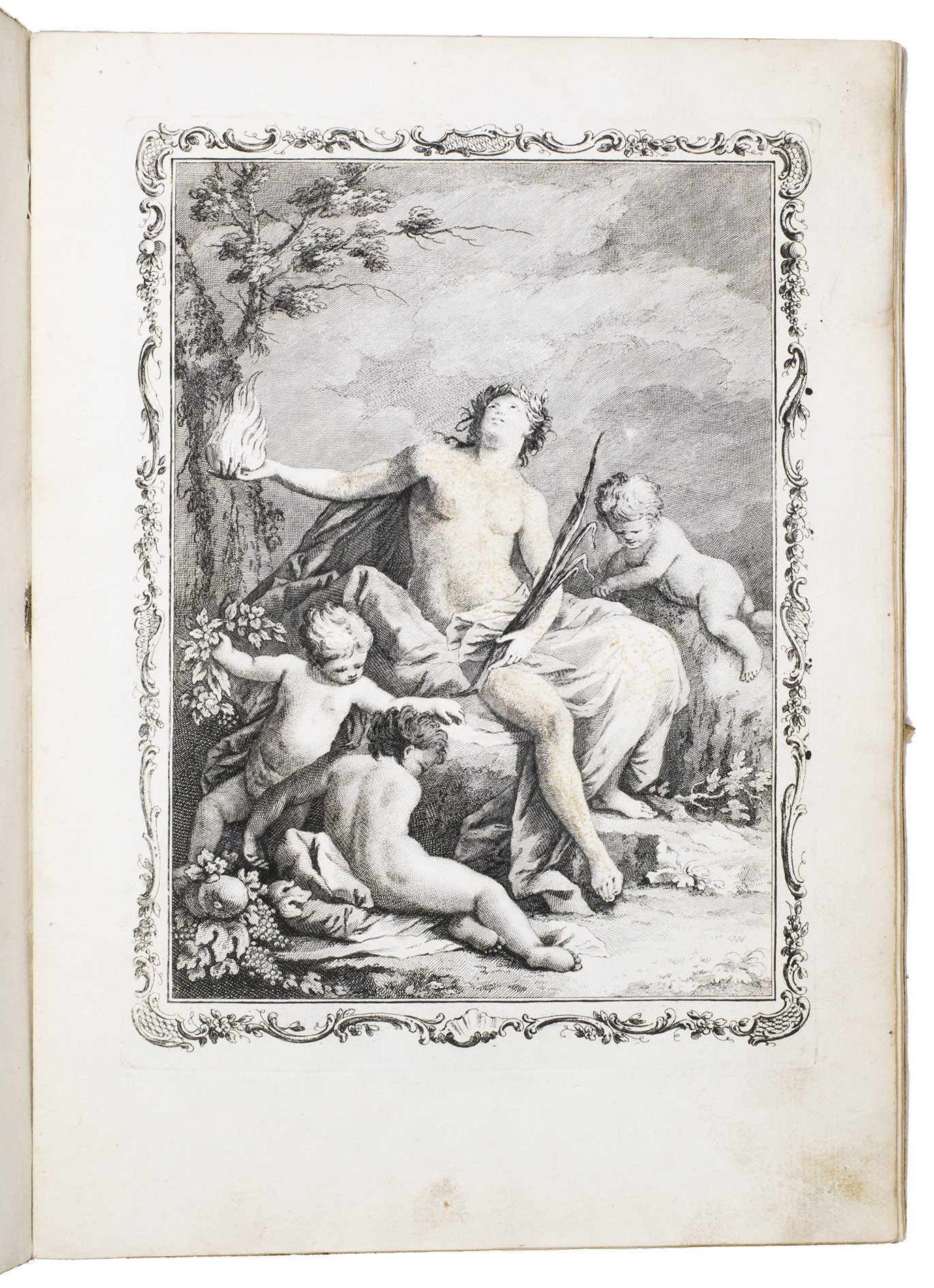 [ALPAGO, Cesare et al.]. - Per le nozze del Sig.r. Marchese Guglielmo de' Fulcis, cavalier di Malta, maggiore attuale al servizio delle LL. MM. II. RR. con la Sig'.ra. Contessa Francesca de' Migazzi de Vaal e Sonnenthurn.[Venice], (colophon: nella stamperia Albrizzi con privilegio dell' Ecc.mo Senato per tutti li rami che adornano le di lui stampe, 1776). Folio (35 x 25 cm). Engraved frontispiece with a decorative rococo border, engraved title in a rococo border incorporating the coat-of-arms of Guglielmo de' Fulcis, engraved full-page colophon on the last leaf; 7 pp. with additional engraved allegorical vignettes, one on C3 signed ''Piazzetta inv.''. Contemporary light green paper wrappers with gold rococo ornamental borders and a gold centre piece with allegorical seated figure on the front and back side of the wrappers, probably made for presentation to the bride, groom or an important person who attended the wedding.