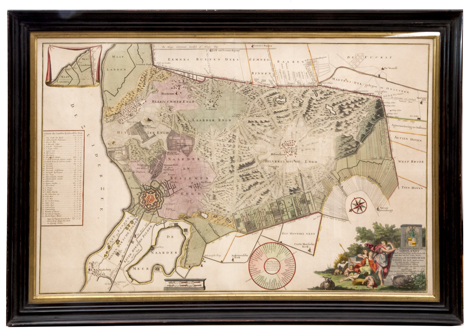[MAP - HET GOOI]. POST, Hendrik. - Nieuwe kaart van Gooilandt word met schuldige eerbiedigheidt aan den wel. ed. gestr. Heere en Mr. Henrick Bicker schepen der stadt Amsterdam, raadt en advt. fiscaal ter Admiraliteit aldaar meestersknaap van Gooilandt, enz, enz. opgedragen door Reinier & Josua Ottens.Amsterdam, Reinier & Josua Ottens. [ca. 1737]. 52.5 x 82 cm. Framed.