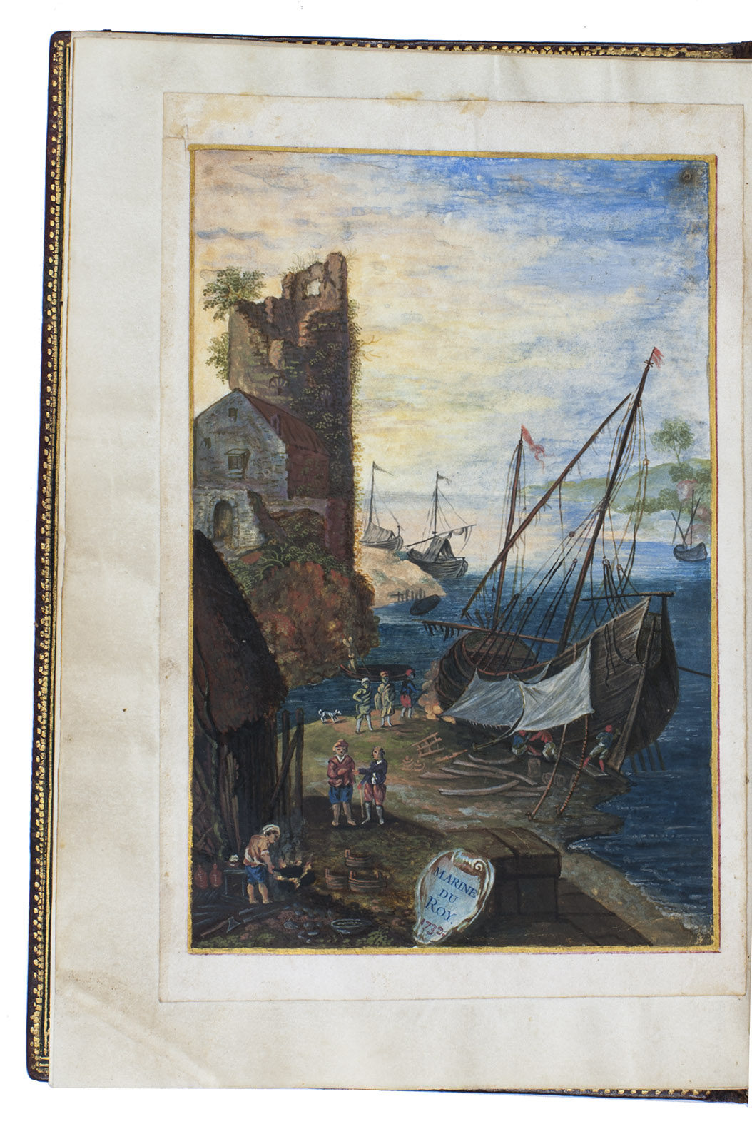 [FRENCH ROYAL NAVY]. - [Binding title:] Abreg de la marine du Roy 1732.[Paris?, 1732]. 13.519 cm. Manuscript in brown-black, red and blue ink on vellum, some of the lettering and borders gilt. With a beautiful frontispiece painting in coloured gouaches (149.5 cm) pasted on the page facing the opening of the text, showing a small warship at a shipyard in a small harbour being repaired by workmen. Contemporary red morocco, gold-tooled spine, gold-tooled fillets on boards and board edges, richly gold-tooled frame, gilt edges.