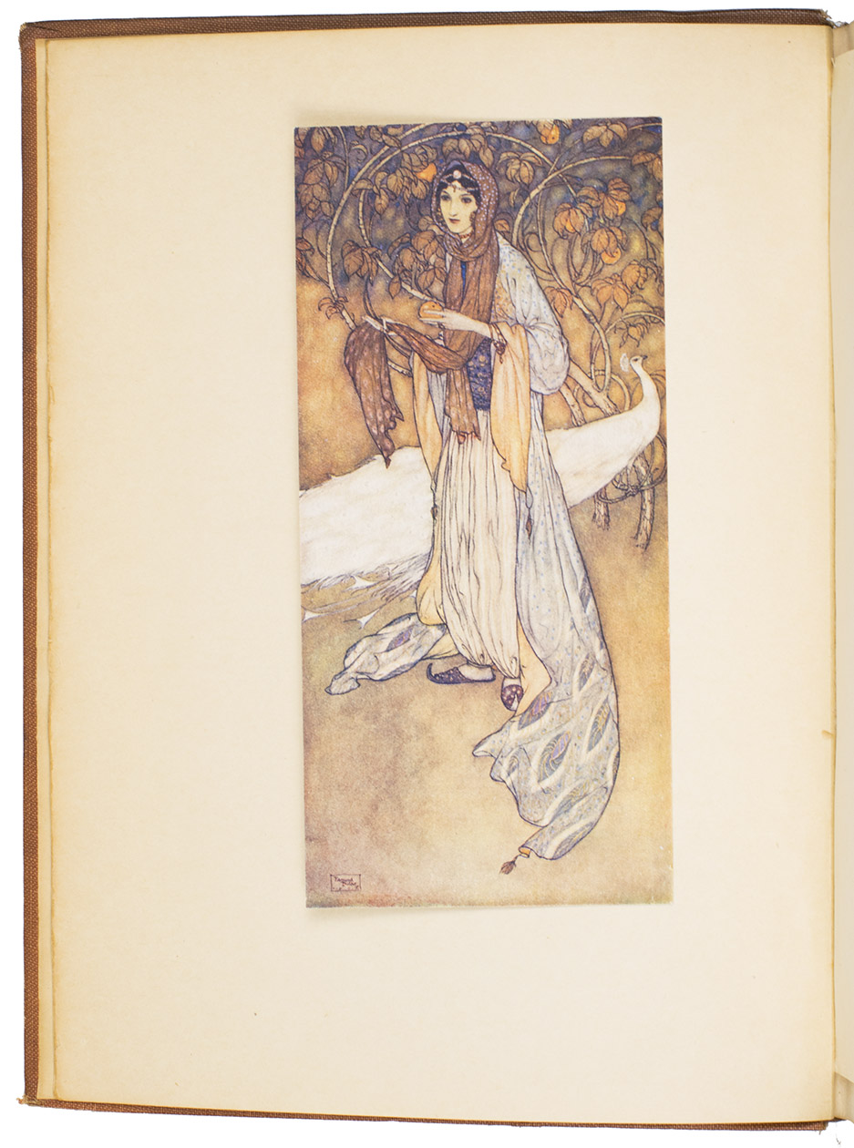 HOUSMAN, Laurence; Edmund DULAC (ills.). - Stories from the Arabian nights.London, Hodder and Stoughton, November 1907. 4to. With 50 full-page coloured illustrations after drawings by Edmund Dulac, with descriptions on the flyleaves. Original publishers orange cloth with gilt title in gold on decorated spine and front cover.