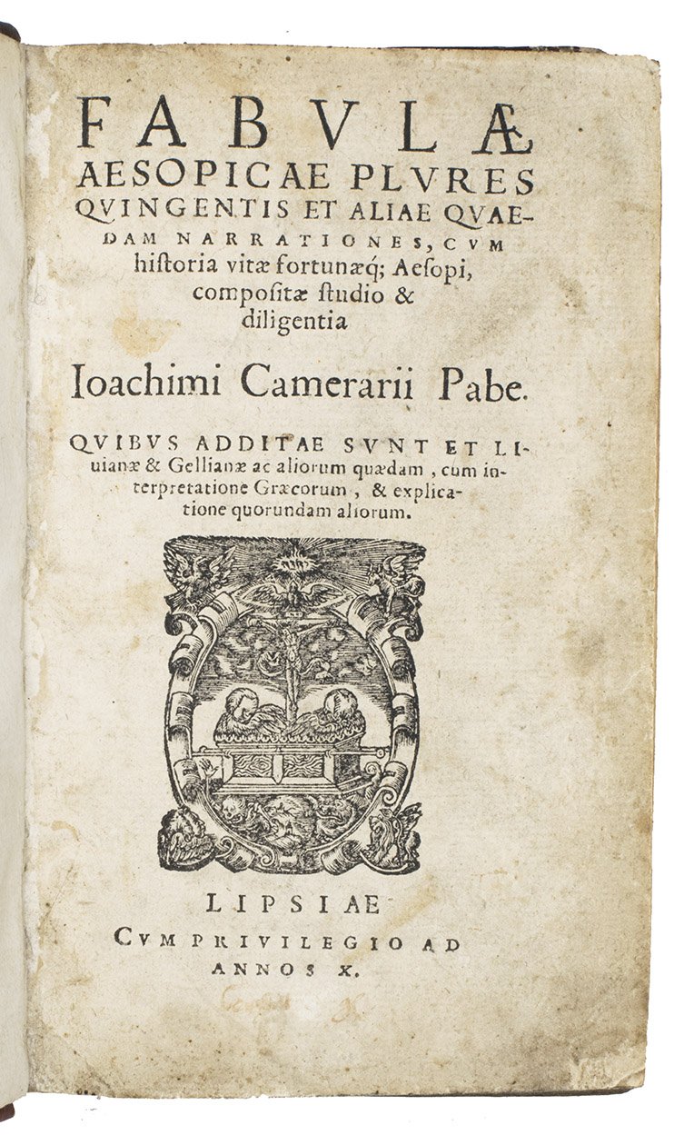 AESOP. - Fabulae Aesopicae plures quingentis et aliae quaedam narrationes, cum historia vitae fortunaeque Aesopi, compositae studio & diligentia Joachimi Camerarii Pabe[bergensis]. Quibus additae sunt et Livianae & Gellianae ac aliorum quaedam Leipzig, [colophon: Ernest Vgelin, 1570]. 8vo. With Vgelins woodcut device on title-page and 4 woodcut initials with pictorial decoration. Blind-tooled red vellum, sewn on 3 supports, with a hollow back, each board with a double frame of double fillets, the inner and outer connected with diagonal double fillets, the front board with the owners initials and the date in the central field: M E B S | 1598.