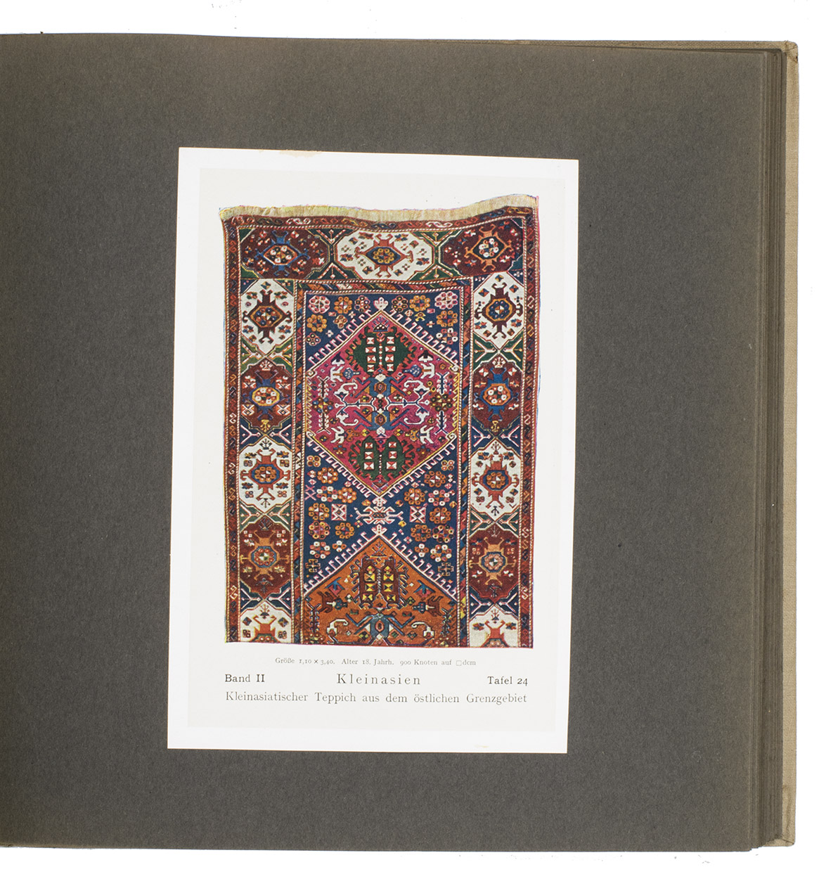 GROTE-HASENBALG, Werner. - Der Orientteppich[:] seine Geschichte und seine Kultur.Berlin, Scarabaeus (colophon: Dr. Selle & Co.), 1922. 3 volumes (26 x 26 cm). The text volume with colour-printed frontispiece, 28 plates numbered I-XXII (13 colour-printed), 139 numbered and 14 unnumbered illustrations in text, and a folding map; the two plate volumes with a total of 120 colour-printed plates mounted on grey-black paper.Original publishers cloth.