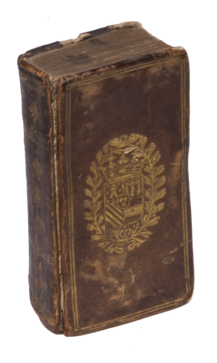 AESOP & BABRIUS. - Aesopi Phrygis fabulae elegantissimis eiconibus veras animalium species ad vivum adumbrantes. Gabriae Graeci fabellae lxiv [rect lxiii]. Haec omnia cum Latina interpretatione. Nunc postremm excusa & accurat recognita.Paris, Jean Libert, 1623. 16mo. Contemporary French gold-tooled calf, each board with the coat-of-arms of Henri de La Tour (1555-1623), Duc de Bouillon and Prince of Sedan, who married the daughter of William the Silent, founding father of the Dutch Republic (with a French Ducal crown, the whole in a wreath of 2 laurel branches with berries).