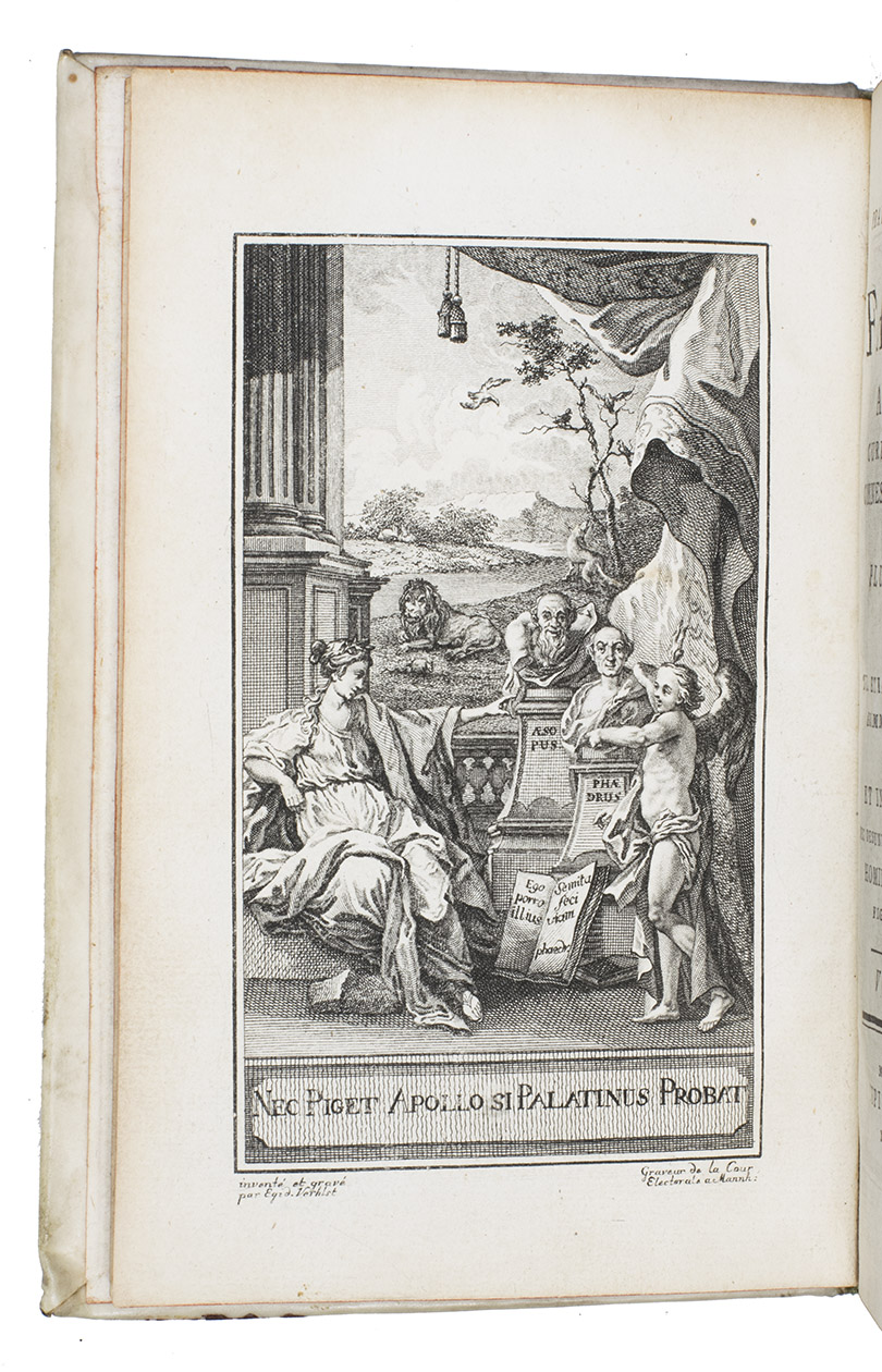 AESOP. (Francois Joseph DESBILLONS, comp.). - Fabulae Aesopiae, curis posterioribus, omnes fere, emandatae, accesserunt plus quam CLXX nova; tum etiam observations, grammaticae praesertim, complures, et Index copiosus, nec desunt  Hominum et pecudum figurae elegantes.Mannheim, Typis Academicis, 1768 [colophon: 1767]. 2 parts in 1 volume. 8vo. With a frontispiece and 15 engraved plates by Egid Verhelst (1733-1804). Contemporary vellum with spine label, red edges.