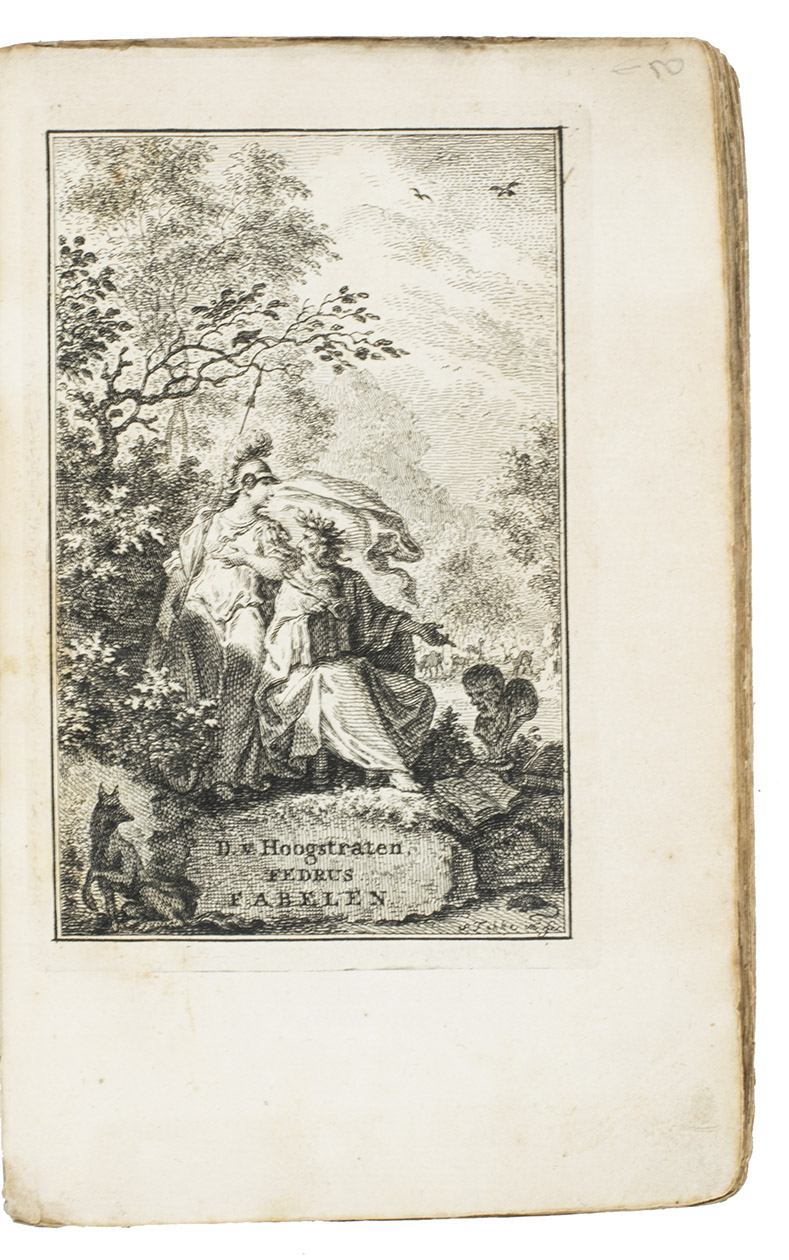 PHAEDRUS. (David van HOOGSTRATEN, trans.). - Ezopische fabelen van Fedrus, gevryden slaef des Keizers Augustus. In Nederduitsch dicht vertaelt en met aenmerkingen verrykt door D. van Hoogstraten. Met nieuwe konst-platen.Amsterdam, Steven van Esveldt, 1769. 8vo. Title-page in red and black, with an engraved frontispiece by Simon Fokke and a vignette on title-page, and 16 engraved plates with 6 fable illustrations each, also by Fokke, mostly after the illustrations for the first Latin Hoogstraten edition (1701) by Jan van Vianen. Contemporary boards covered with sprinkled paper, manuscript spine label.