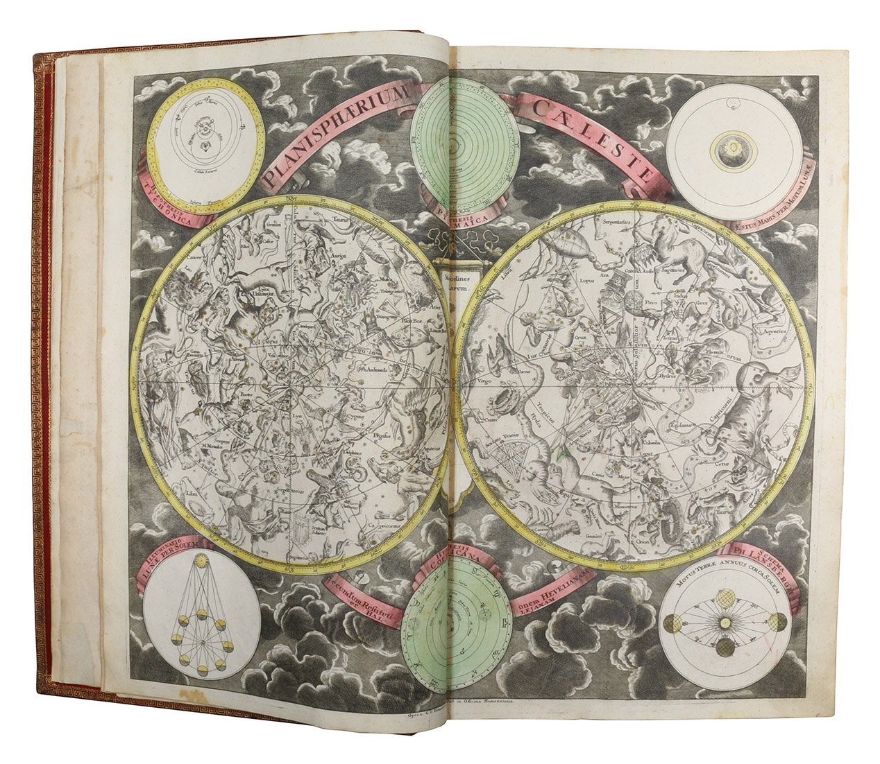 HOMANN, Johann Baptist. - Grosser Atlas ber die gantze Welt.Nuremberg, Homann heirs (printed by Johann Heinrich Gottfried Bieling), 1737[-1762]. Folio (34 x 53.5 cm). Letterpress title-page printed in red and black with an engraved map of the northern hemisphere in a polar projection, engraved frontispiece with a globe and a dozen allegorical figures (with a decorated cartouche at the foot giving the title in Latin), engraved portrait of Homann by Johann Wilhelm Winter after Johannes Kenckel, and 98 engraved maps (93 double-page, 1 larger folding in 2 sheets and 4 half-page together on a double-page plate) many with further inset maps and/or views, all with decorated cartouches, often with pictorial decoration or coats of arms; and 3 double-page engraved tables of topographic data. With the engraved title-page and all maps and tables (except for the small north polar projection on the letterpress title-page) coloured by an 18th-century hand, the maps in part or in outline. Gold-tooled red morocco (ca. 1800?) in a neo-classical style, from the workshop of or in the style of Georg Friedrich Krauss (Vienna).
