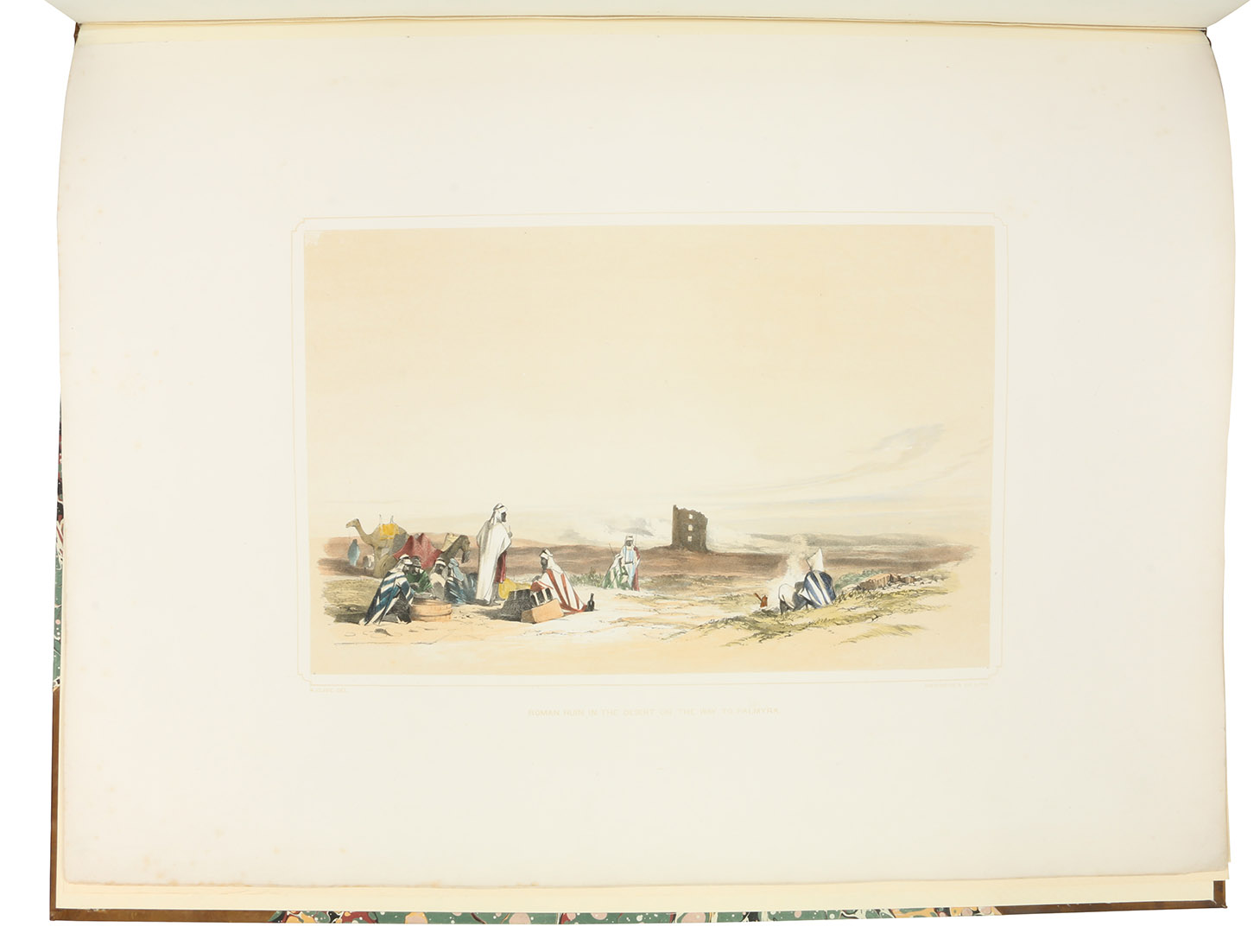 CLIVE, Robert. - A series of lithographic drawings from sketches by Robert Clive, comprising the undermentioned subjects, lying principally between the Persian Gulf & the Black Sea ...London, Dickinson & Co., (1852). Large folio (45.5 x 590 mm). With 9 tinted lithographs on 8 plates (2 on 1 leaf) after Robert Clive. 3 leaves of letterpress text (plus 1 repeat ), printed on rectos only. Modern half morocco , marbled sides,  spine title and decorations in gold. With the original publishers printed front wrapper bound in.