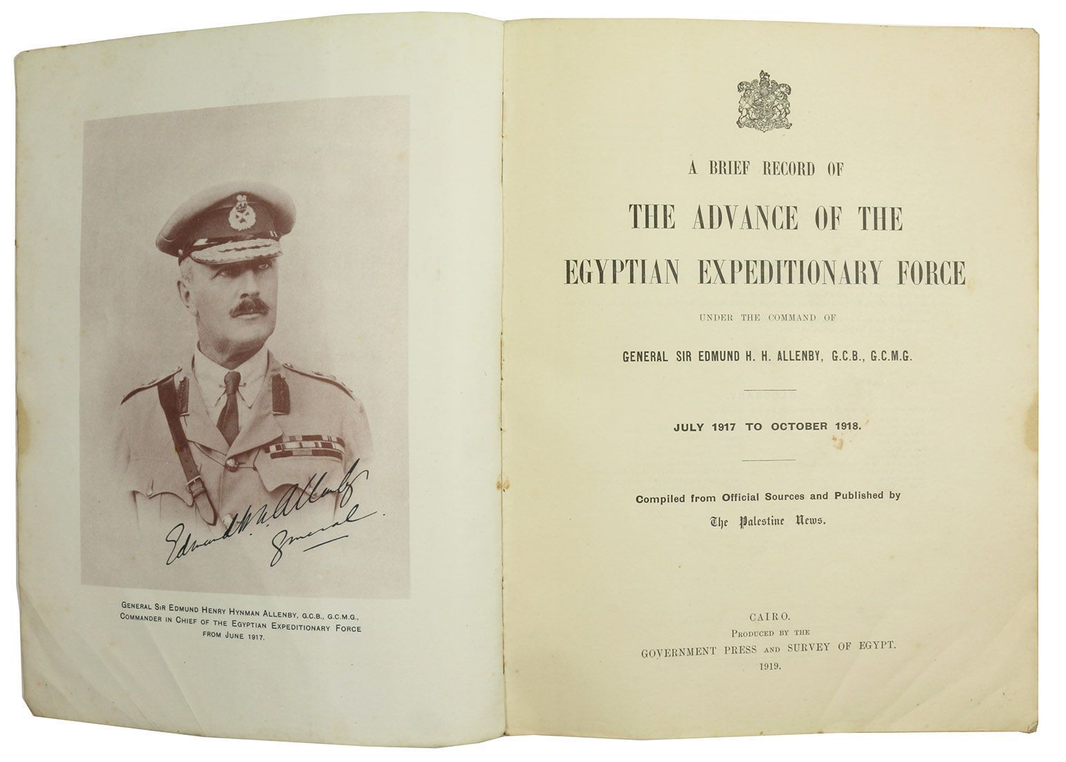[LAWRENCE, Thomas Edward]. Harry PIRIE-GORDON (editor). - A brief record of the advance of the Egyptian Expeditionary Force under the command of General Sir Edmund H.H. Allenby. July 1917 to October 1918. Compiled from official sources and published by the Palestine News. Cairo, Government Press and Survey of Egypt, 1919. Small folio (22.5 x 29.5 cm). With a frontispiece portrait of Allenby, mounted on cloth, and 56 coloured maps with explanatory texts on the facing pages. Contemporary half linen.