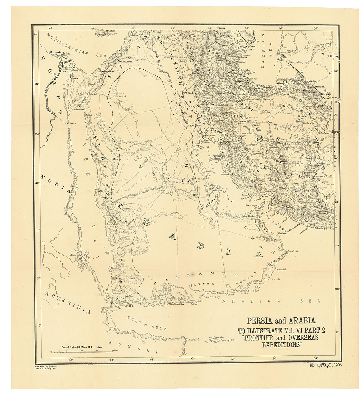 PAGET, William Henry, MASON, A. H. & others (editors). - Frontier and overseas expeditions from India. Compiled in the intelligence branch of the divisions of the chief of the staff army head quarters India. In six volumes. For official use only.Simla, Government Monotype Press, 1907-1911. 8 volumes (6 plus 2 supplements). 8vo. With 43 maps and 8 plans.Uniform contemporary half calf, green cloth sides, gold-stamped spine labels.