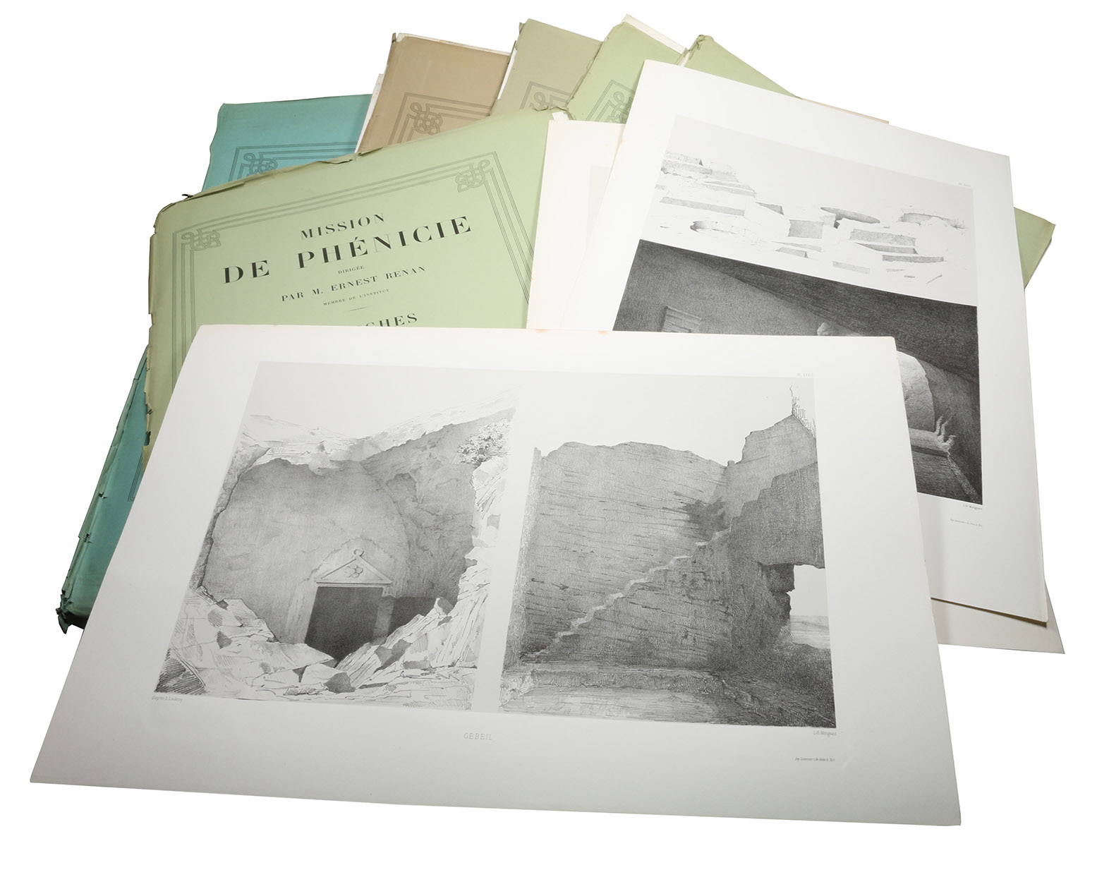 RENAN, Joseph Ernest. - Mission de Phnicie.Paris, Imprimerie Impriale/Nationale, 1864-1874. 14 volumes bound as 13 (7 of text and 7 of plates, the latter bound as 6). Folio (27,5  x 36,5 and 37 x 55,5 cm). With 70 engraved and lithographed numbered plates (including 1 folding), 1 folding map, and 8 plans(including 3 folding), a few in contemporary hand colouring, and several illustrations in the text.Contemporary wrappers. Plates stored in two half cloth portfolios.