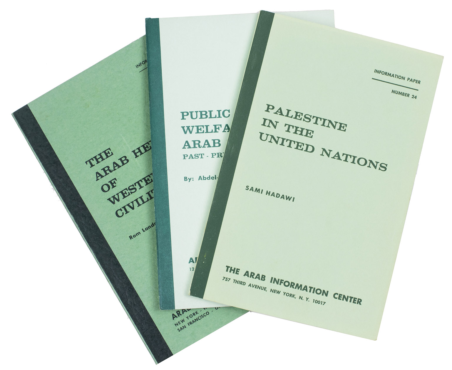 [ARABIA - EPHEMERA]. - [A collection of ephemera regarding the Arab states].New York & London, The Arab Information Center, 1951-1962 8vo. Comprising:(1) EL-KHATIB, M. Fatallah (foreword). Basic Documents of the Arab Unifications. New York, Arab Information Center, June 1958.(2) OMRAN, Abdel-Rahim. Public Health & Welfare in the Arab States: Past, Present and Future. New York, Arab Information Center, November 1959. The booklet opens with a history of the Arab contributions to medicine followed by modern statistics.(3) WRIGHT, Esmond. The Arab World. Current Affairs no. 125. London, Bureau of Current Affairs, 3 February 1951.(4) [MENU]. P&O menu. On board the S.S. Arcadia, Sunday 25 March 1962.2 booklets, a magazine and a menu, all in original publishers wrappers.
