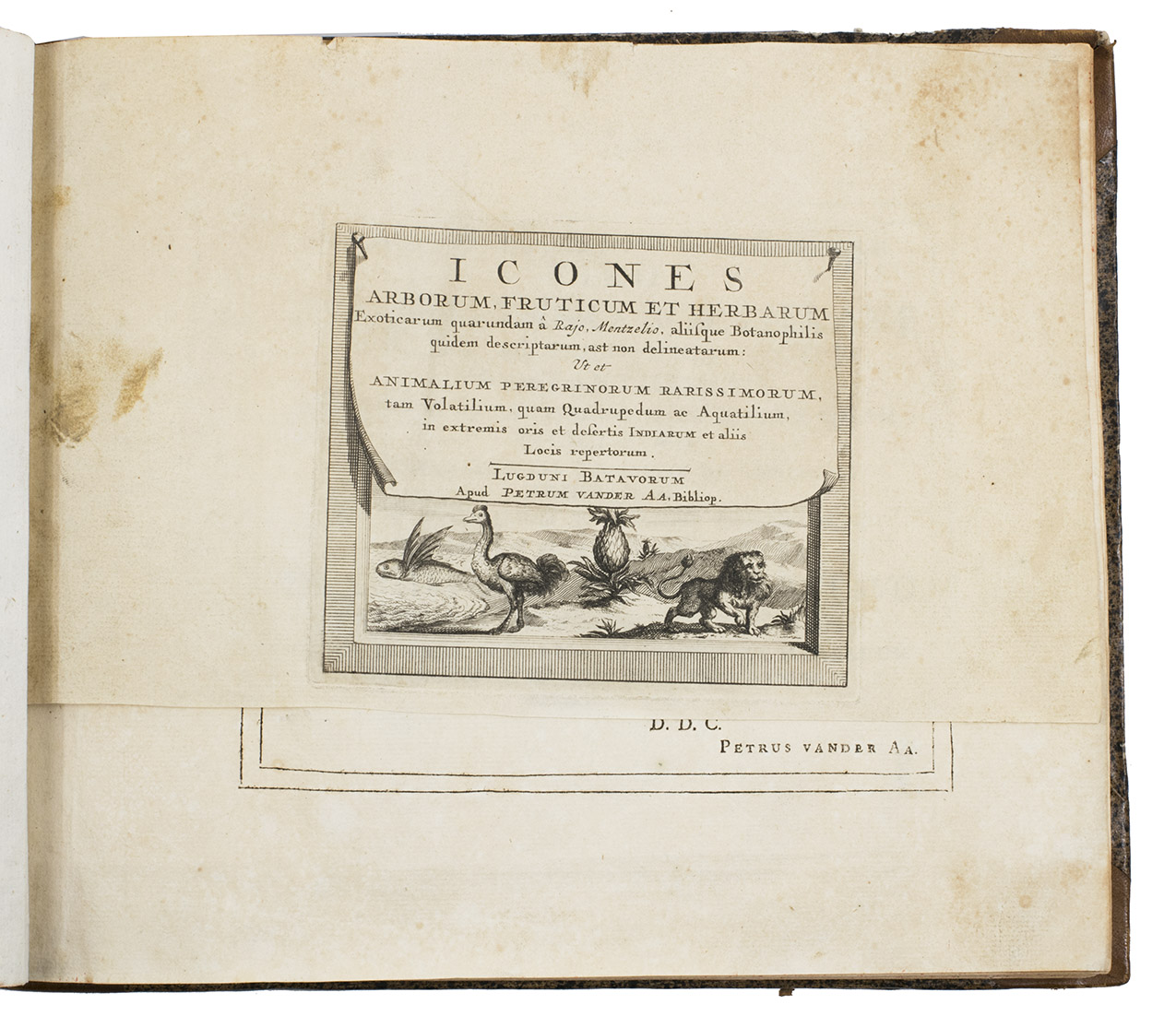 AA, Pieter van der (compiler). - Icones arborum, fruticum et herbarum exoticarum quarundam a Rajo, Mentzelio, aliisque botanophilis quidem descriptarum, ast non delineatarum. Ut et animalium peregrinorum rarissimorum, tam volatilium, quam quadrupedum ac aquatilium, in extremis oris et desertis Indiarum et aliis locis repertorum.Leiden, Pieter van der Aa, [ca. 1720]. Oblong 4to (22.5 x 27 cm). With an engraved, illustrated title-page, letterpress dedication and note to the reader (the latter with a woodcut decorated initial) and 80 etched and engraved plates (9 folding).Contemporary half calf, paste-paper sides, gold-tooled spine.