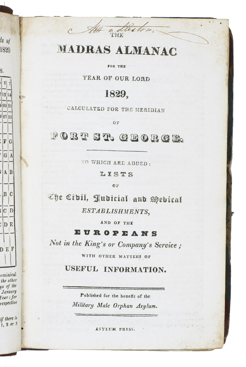 [BRITISH-INDIA]. - The Madras almanac for the year of our lord 1829, calculated for the meridian of Port St. George. To which are added: lists of the civil, judicial and medical establishments, and of the Europeans not in the King's or Company's service. With other matters of useful information.Madras, Asylum Press, [1828?]. 8vo. With 1 engraved hand-coloured folding plate showing different kinds of ships flags. Lacking 2 leaves.Contemporary red sheepskin, sprinkled edges. Rebacked in calf, red sheepskin spine label, blue paper pasted over the sides.