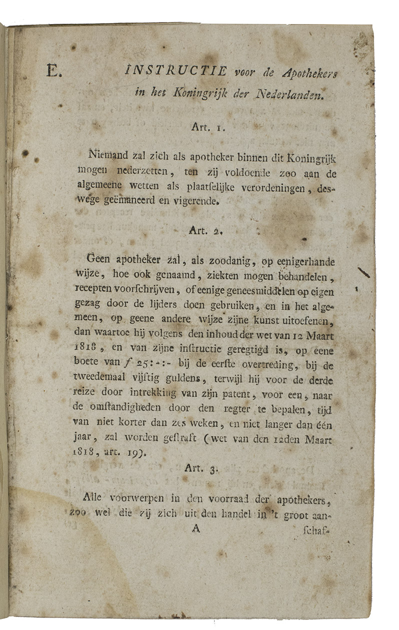 [DUTCH PHARMACY MANUAL]. - Instructie voor de Apothekers in het Koninkrijk der Nederlanden.[1818]. 8vo. Paper wrappers.