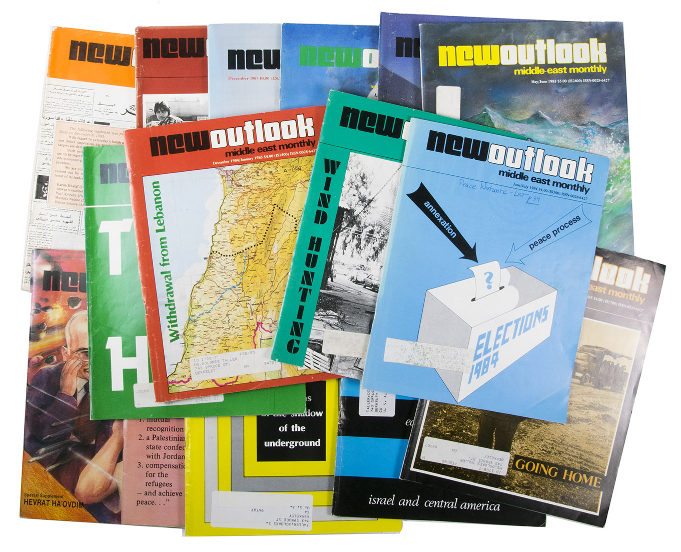 SHUR, Chaim. - New Outlook Middle East Monthly [15 issues].Tel Aviv, Tatzpiot Ltd (under auspices of Jewish-Arab Institute at Givat Haviva), 1984-1985. Original wrappers, staplebound.