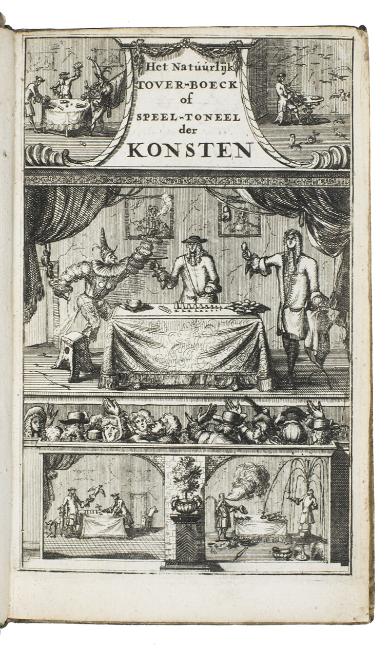 WITGEEST, Simon [= Willem GOEREE?]. - Het natuurlyk tover-boek, of t nieuw speel-toneel der konsten; verhandelende vijf hondert natuurlijke tover-konsten, so uyt de gogel-tas, als kaaertspelen, mathematische konsten  Mitsgaders een tractaat van het blanket-werck  wateren, poederen, en balsemen  om het aensicht, hals en handen, wit en sagt te maken.Amsterdam, Jan ten Hoorn, 1684. 8vo. With engraved frontispiece in 5 compartments showing magic tricks, and 40 small woodcuts illustrating the various magic tricks in the text.Contemporary vellum, title in ink on spine.