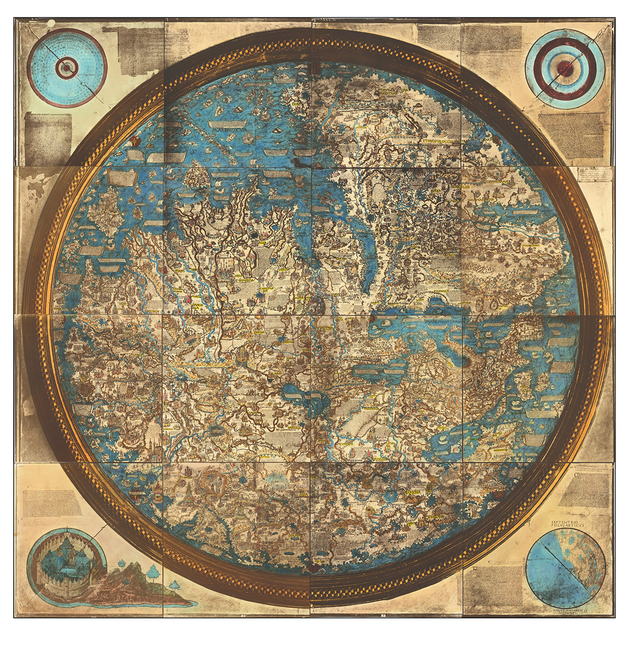 [FRA MAURO Mappa Mundi  Carlo NAYA]. - [Life-size photograph of the Fra Mauro map of the world].Venice, Carlo Naya, ca. 1871. Hand-coloured photograph, ca. 223  223 cm. Mounted and framed.