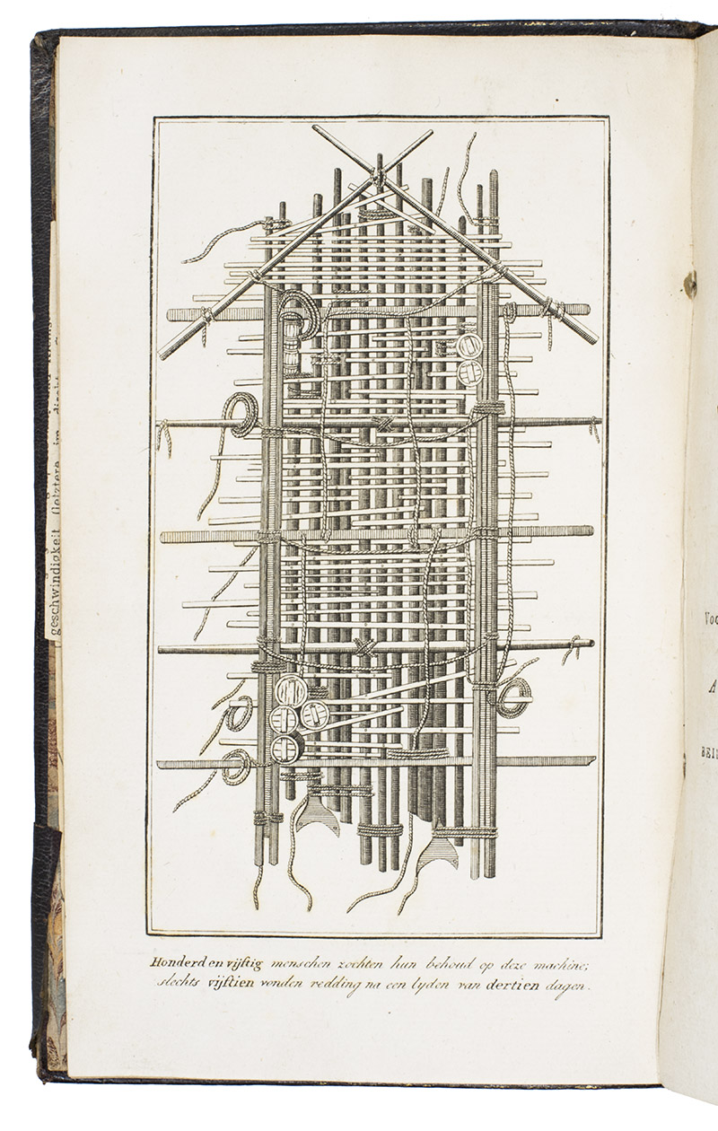 SAVIGNY, J.B.H. & Alexander CORRARD. - Schipbreuk van het Fregat Medusa, op deszelfs togt naar de Senegal, in het jaar 1816. Of volledig berigt van de merkwaardige voorvallen op het vlot, in de woestijn Sahara, te Str. Louis, en in het leger bij Daccard, benevens eenige landhuishoudkundige berigten nopens de westelijk kust van Afrika, van Kaap Blank tot aan den mond van de Gambia. Met eene afbeelding van het vlot.Haarlem, widow of A. Loosjes, 1818. 8vo. With a plate showing the raft (18.5 x 9.5 cm) with the caption: Honderd en vijftig menschen zochten hun behoud op deze machine, slechts vijftien vonden redding na een lijden van dertien dagen. Gold-tooled red morocco.