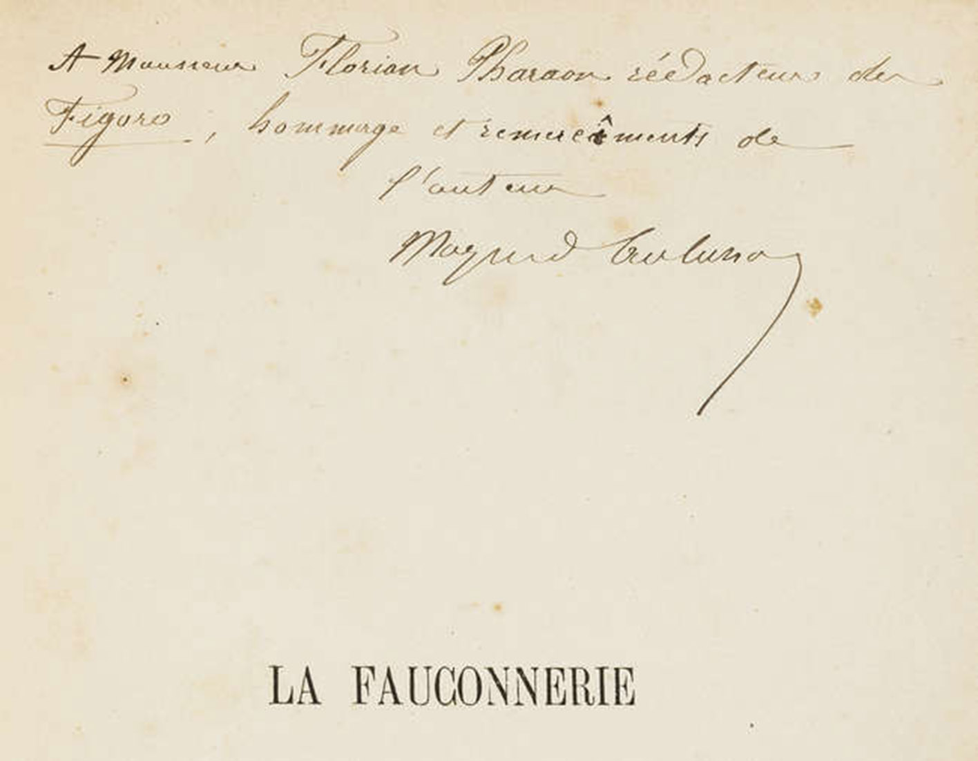 MAGAUD DAUBUSSON, Louis. - La fauconnerie au Moyen Age et dans les temps modernes. Recherches historiques, didactiques et naturelles.Paris, Auguste Ghio, 1879. 8vo. With half-title and errata leaf. Contemporary gold-tooled half morocco, with the original publishers printed wrappers bound in at the end.