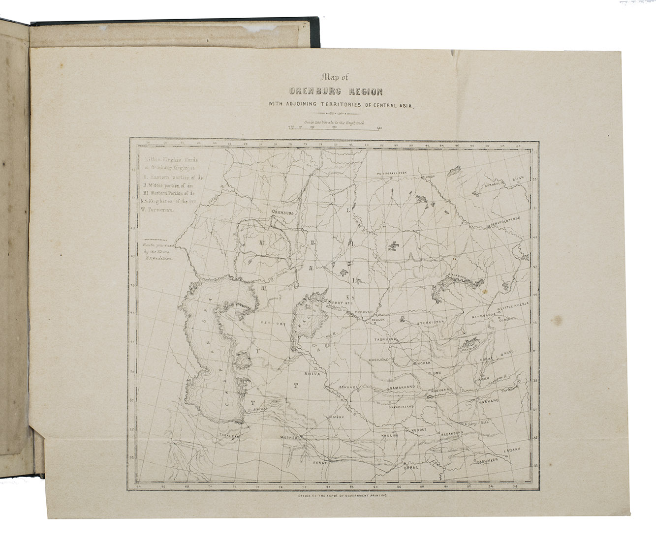 [PEROVSKY, Vasily Aleksyeevic]. - A narrative of the Russian military expedition to Khiva, under General Perofski in 1839.Calcutta, Office of superintendent government printing, 1867. 8. With 1 folding plate (plan of the camp, with the positions of the troops) and 1 folding map of the region Orenburg, Kazachstan. Original publishers green cloth; re-backed with original backstrip laid down.